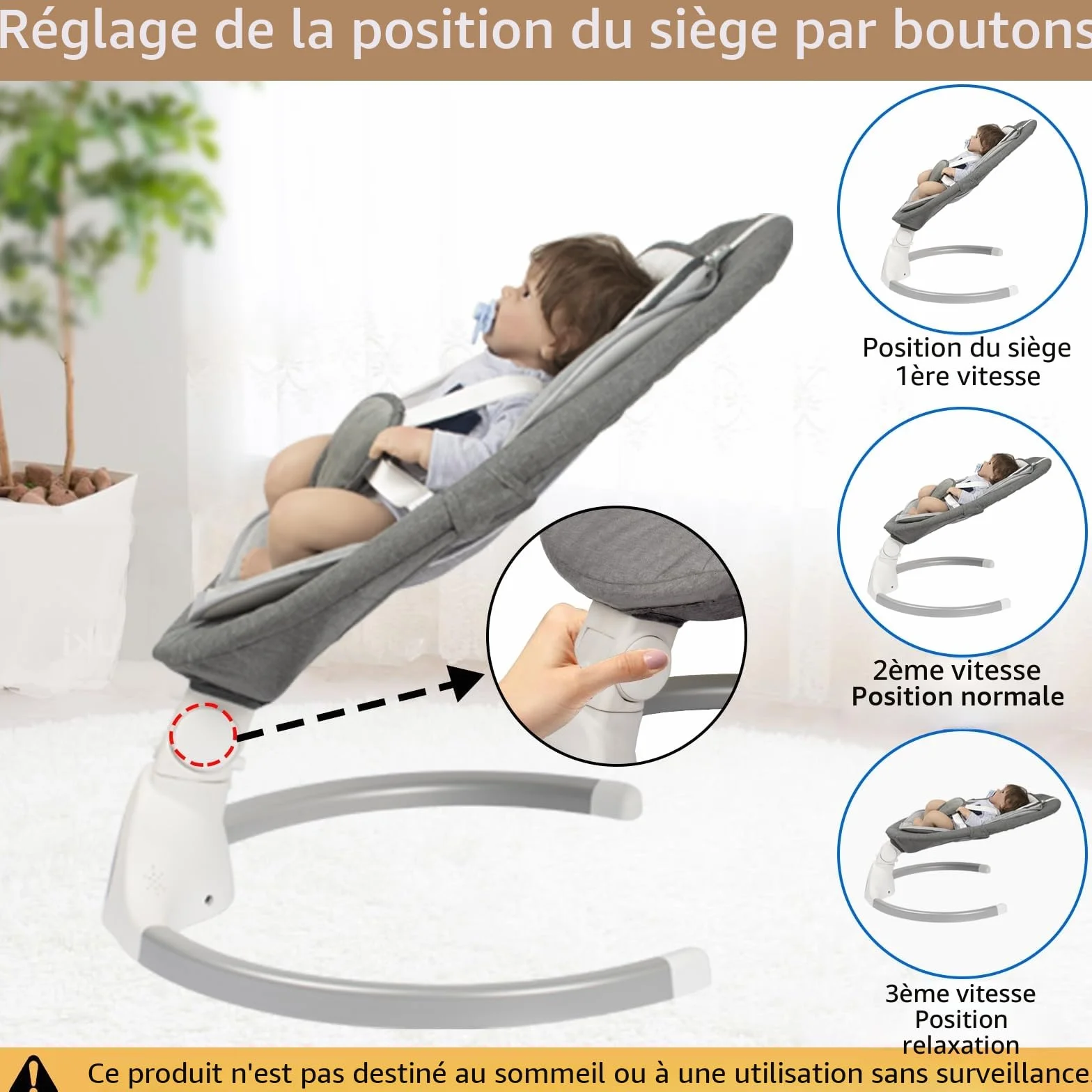 Balancelle électrique pour nourrisson avec télécommande, 5 vitesses, minuterie, harnais 5 points, Gris