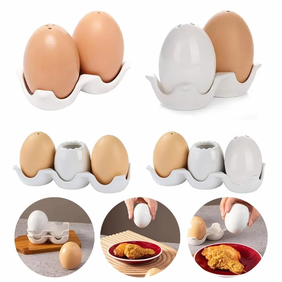 Salière et poivrière créative en céramique, mini ensemble en forme d'œuf marron avec support en carton
