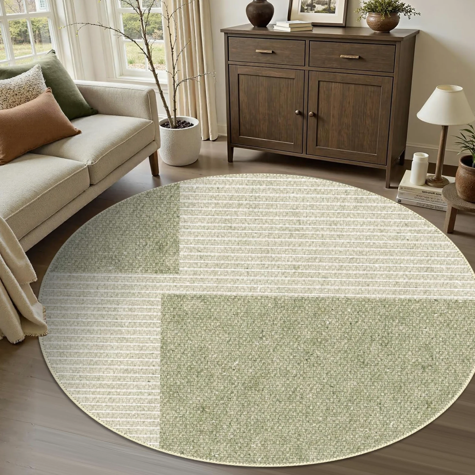 Tapis de salon rond 80 cm, moelleux à poils courts avec design géométrique vert et beige, antidérapant et lavable, pour le salon ou comme descente de lit, en vert, beige