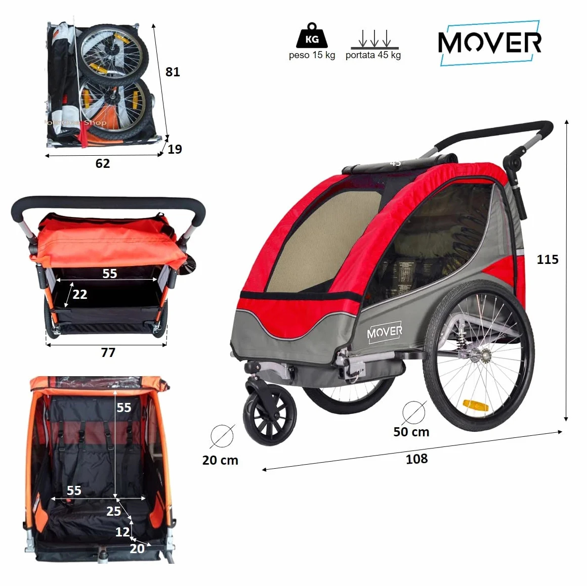 Remorque Vélo Enfants Pliable Tout-Terrain 1 ou 2 Enfants - Chariot de Transport Multifonction (Rouge)
