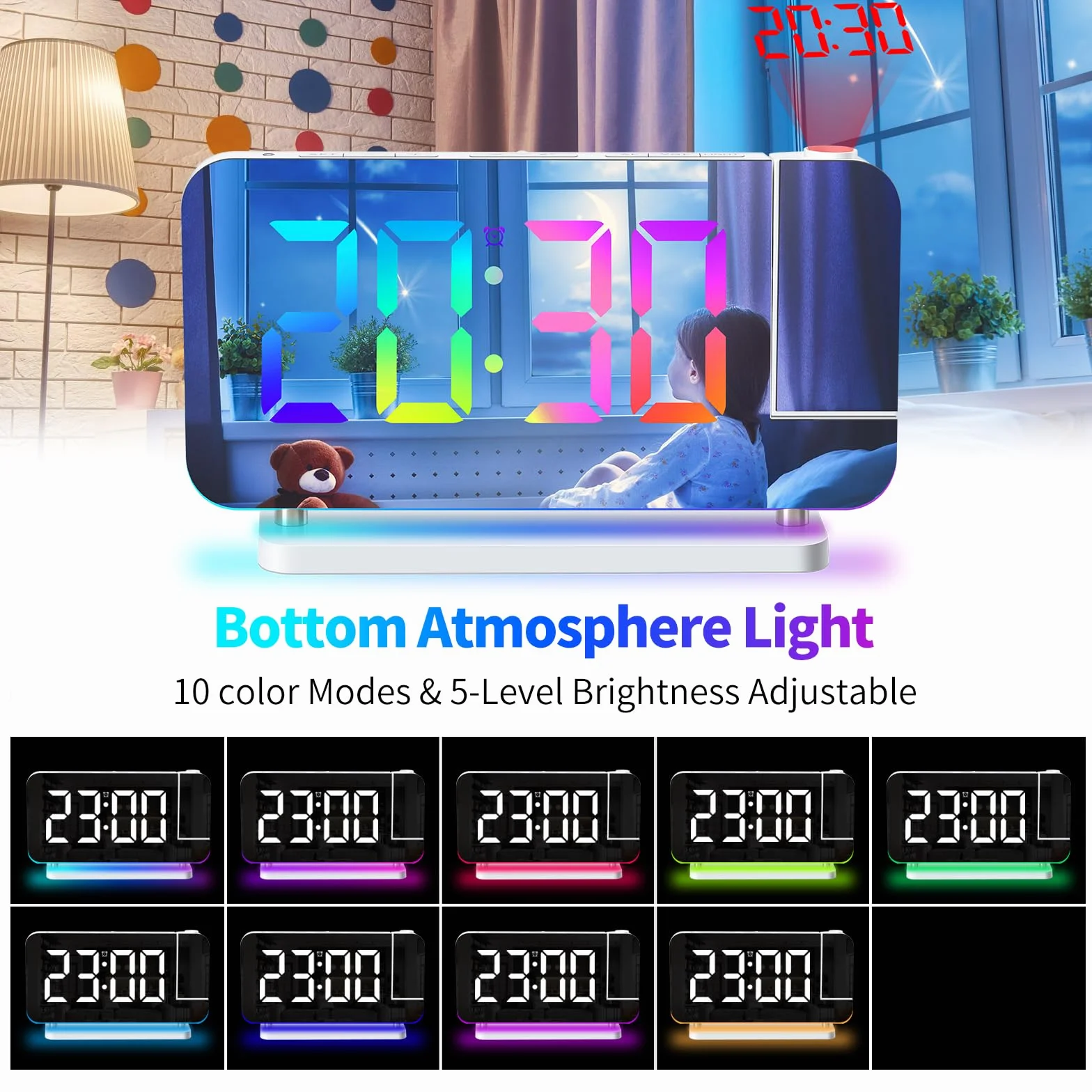 ThreeH Réveil Projecteur LED RGB avec Surface Miroir Affichage Auto Dimming Volume Réglable Double Port USB Veilleuse Blanc