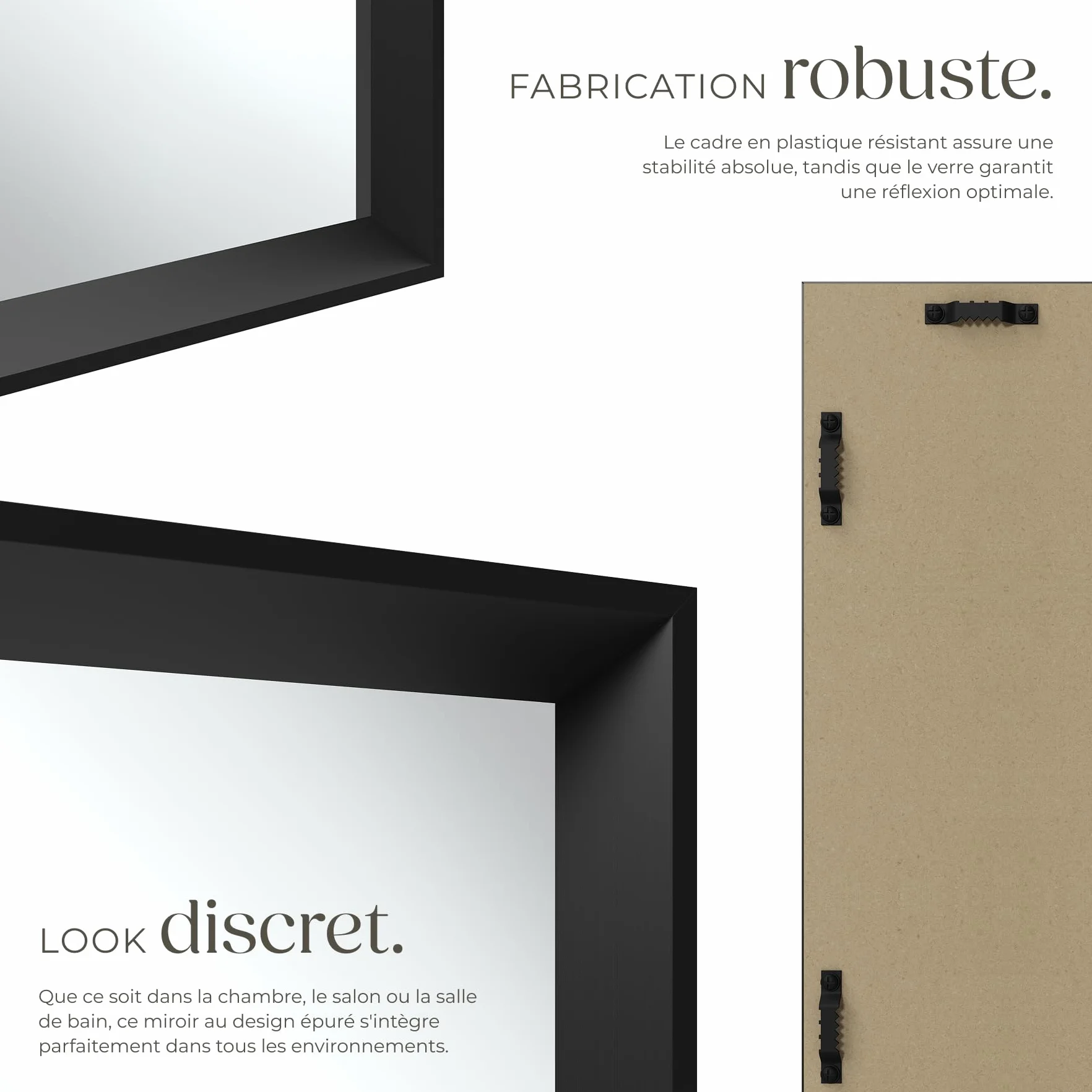 Tectake Miroir Mural Cadre Noir Plastique 40x60cm Design Industriel Décoration Chambre Salon