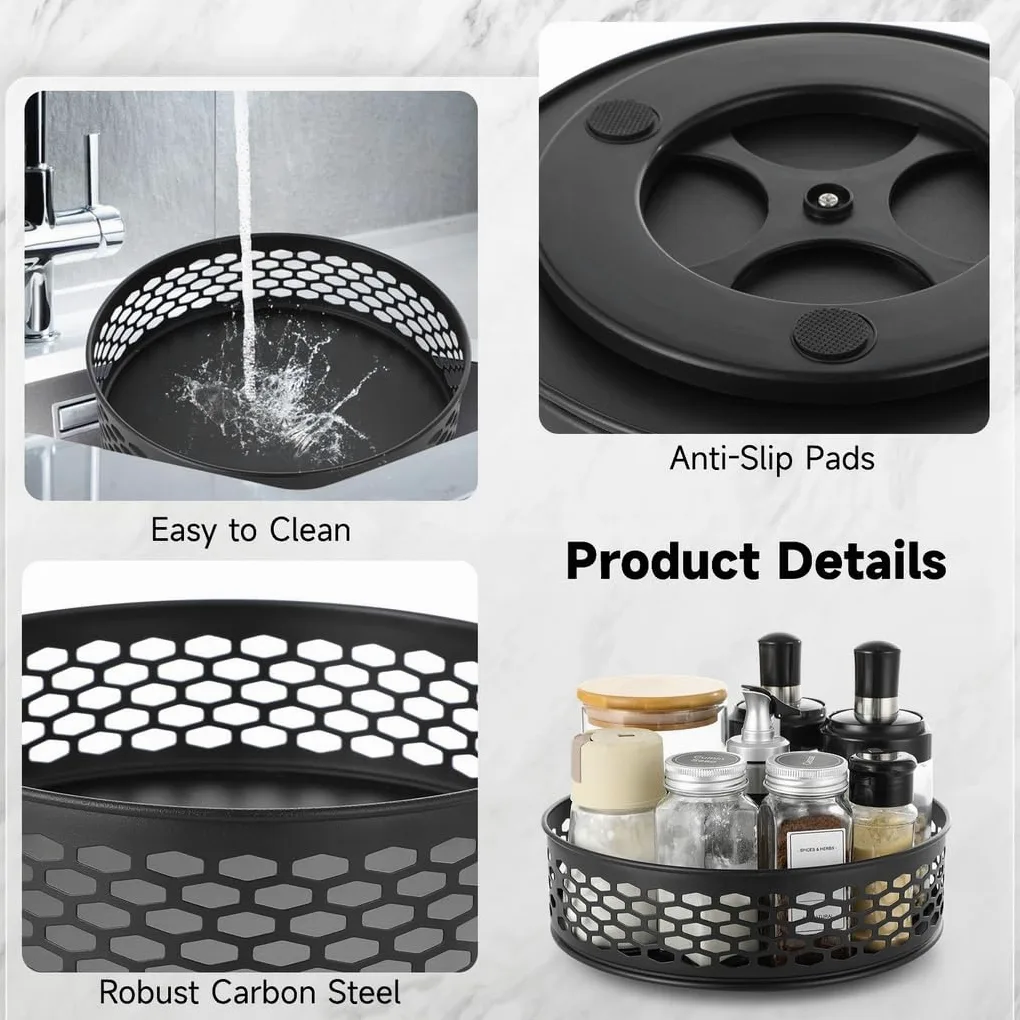Lazy Susan Lot de 2 étagères à épices rotatives en acier avec base antidérapante pour rangement de cuisine et salle de bain, 26 cm et 22 cm, noir
