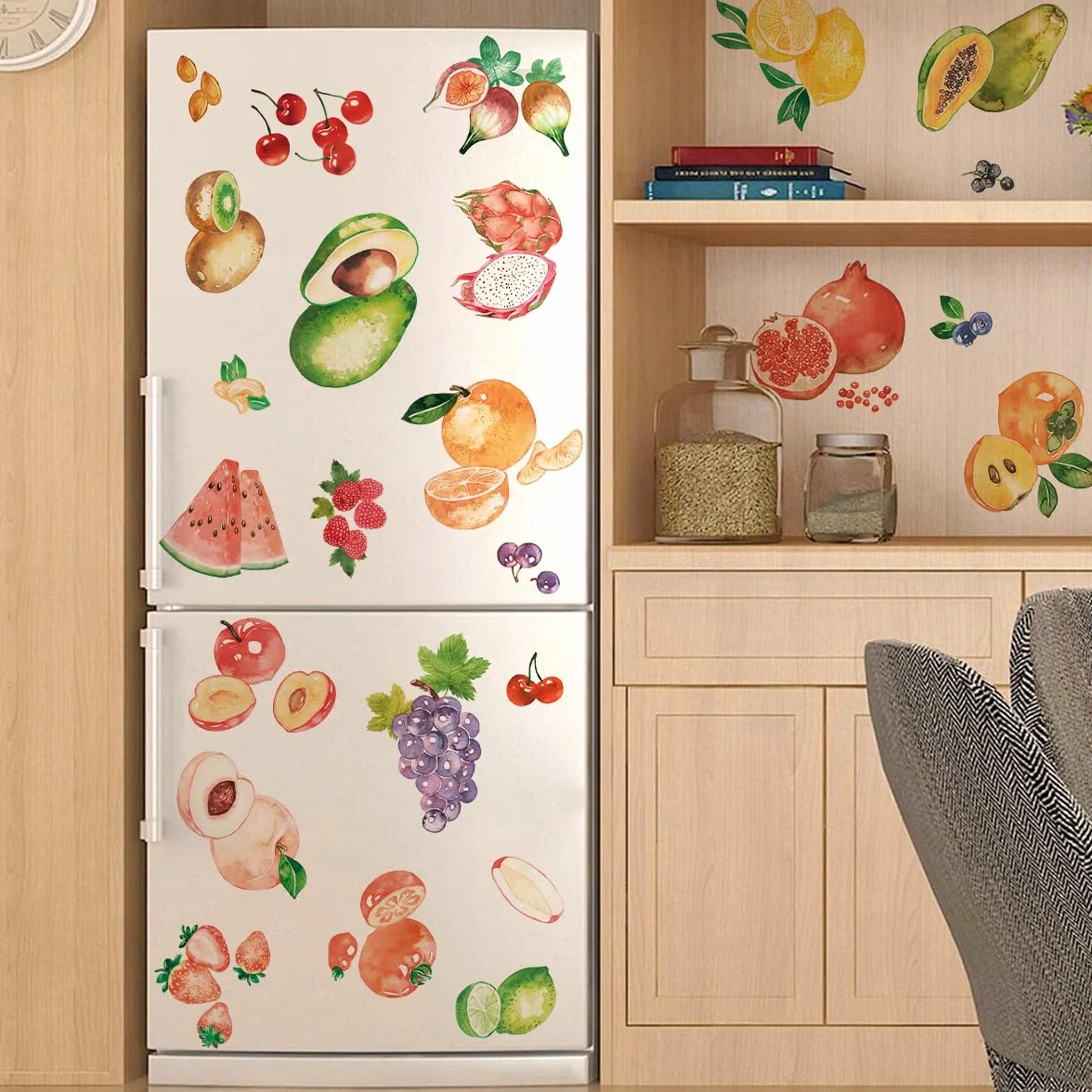 Lot de 2 feuilles d'autocollants étanches pour réfrigérateur - Autocollants décoratifs Fruits aquarelle Mural Vinyle