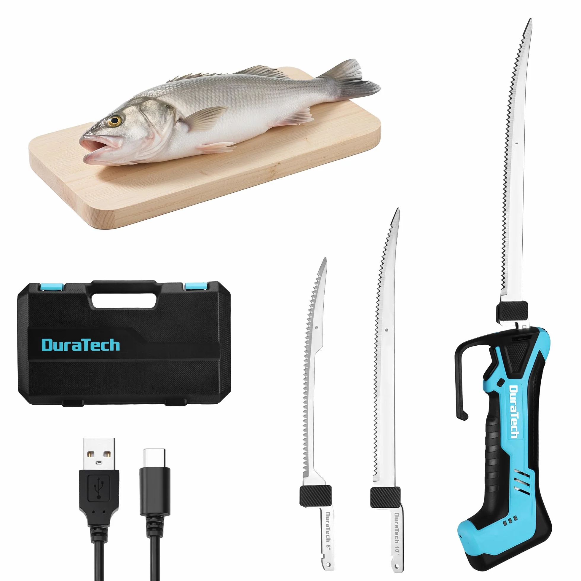 DURATECH Couteau à Filet Électrique sans Fil Rechargeable 2 Lames 20cm/25cm Poignée Antidérapante Verrou de Sécurité LED