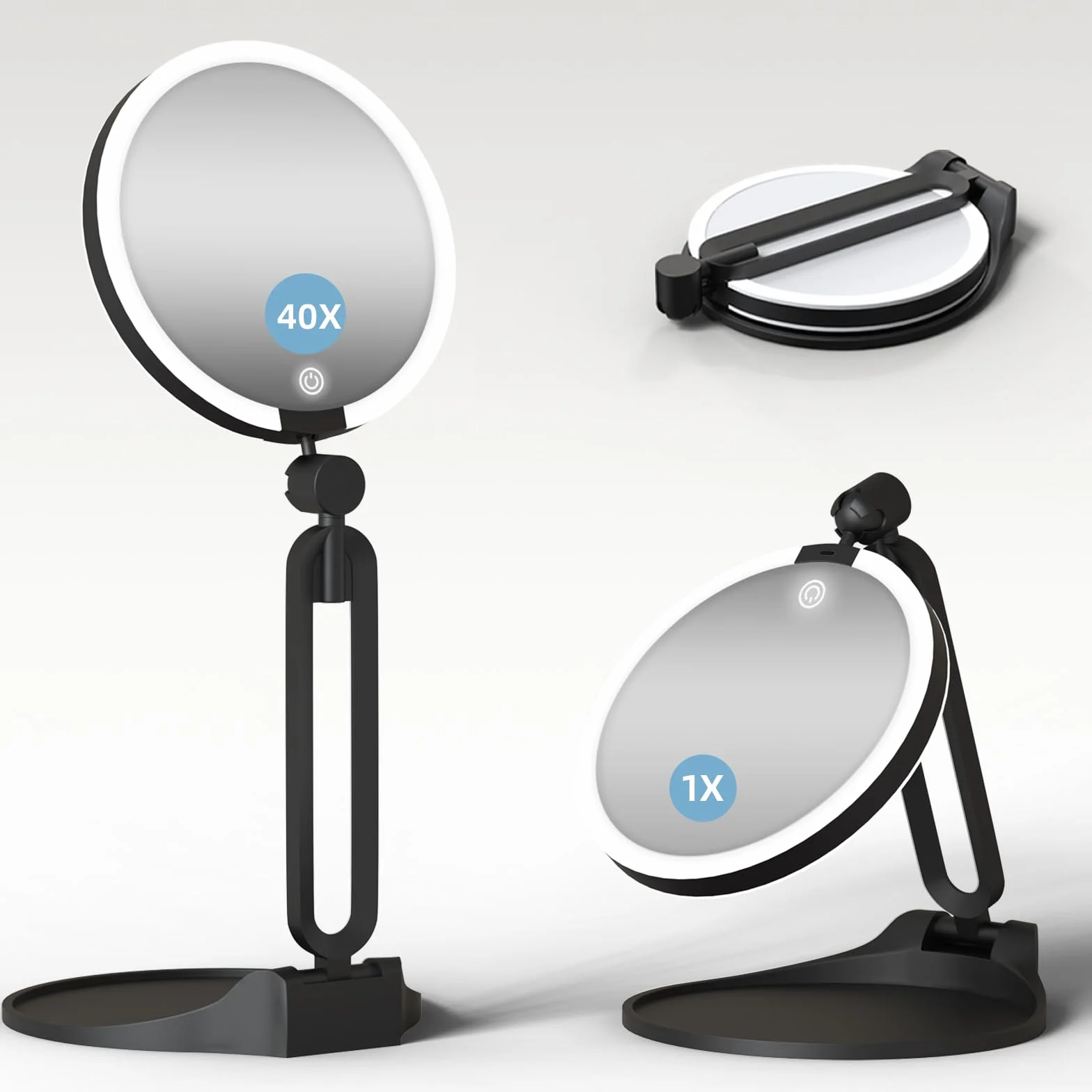Miroir grossissant avec éclairage 40X/1X, voyage maquillage, double face 15 cm, rechargeable, pliable, pivotant 360°