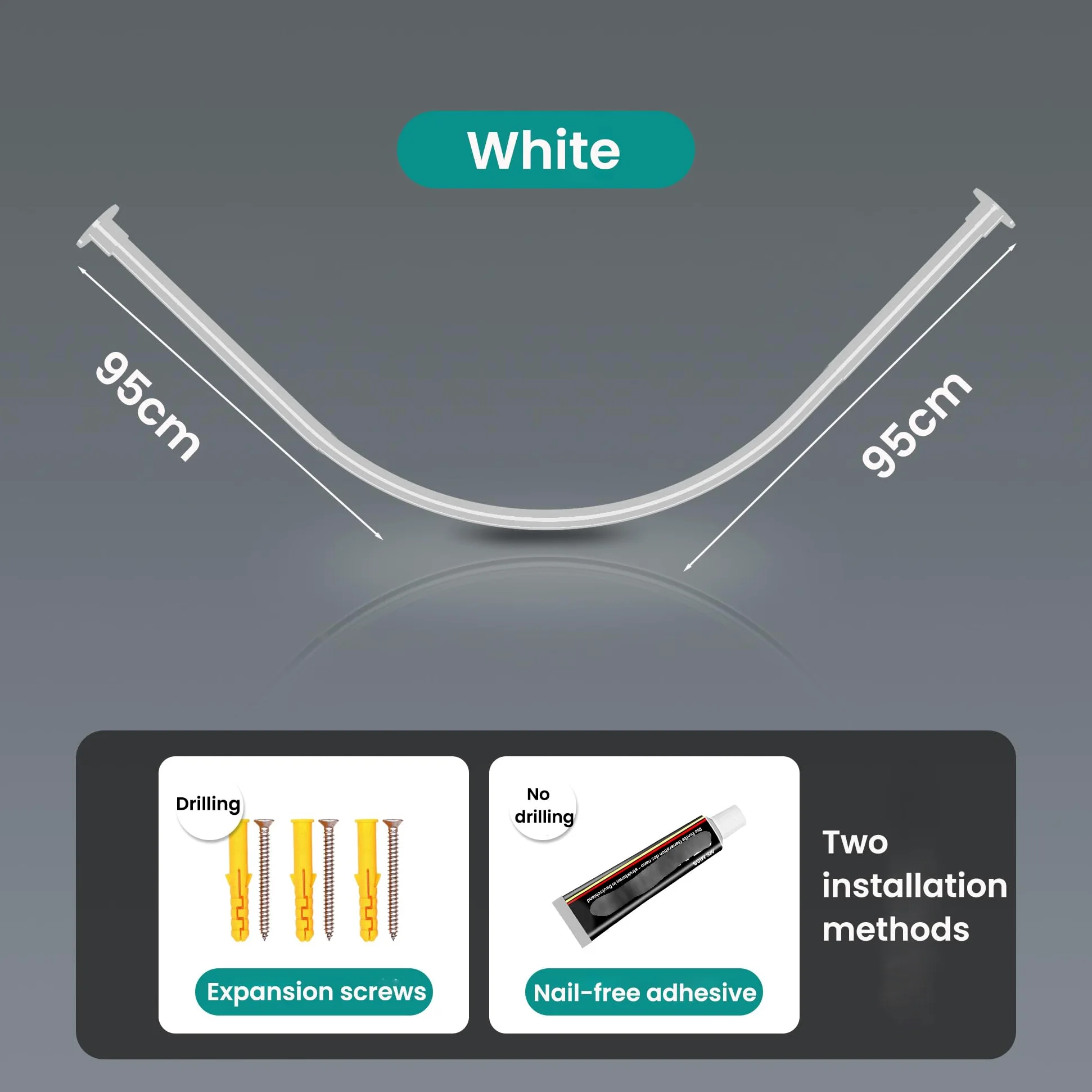 Tringle de douche incurvée sans perçage en acier inoxydable 304 blanc 95 x 95 cm – Barre de baignoire d'angle pour une installation facile et un design élégant