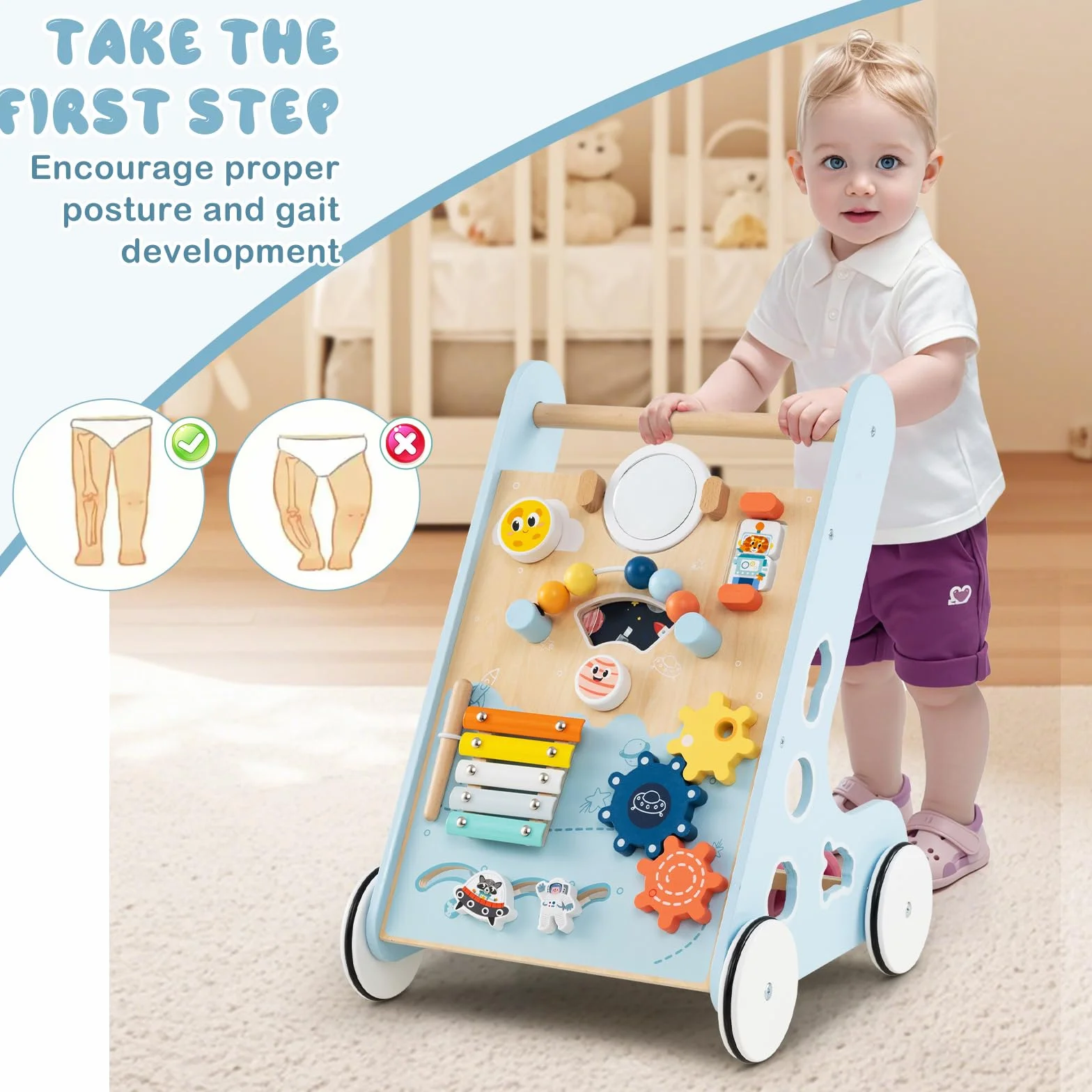 LIFEZEAL Chariot de Marche Bébé en Bois, Trotteur Evolutif 8 en 1, Centre d'activité avec Xylophone en métal, Jouet éducatif, Marcheur pour Bebe 1+ an (bleu)