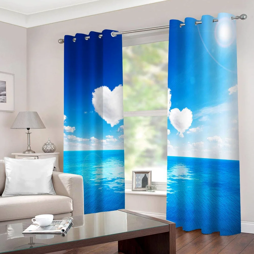 Rideaux Et Draperies Intérieurs 3D Ciel Bleu Coeur Nuage Blanc Motif Rideau Occultant À Oeillets Decoration Salon Chambre Maison pour Enfant Adulte 2 Pièces 280x160Cm Design Moderne Imprimé