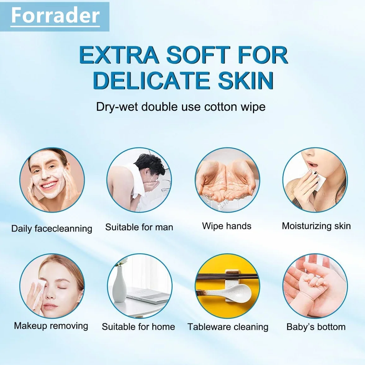 Lingettes douces et sèches jetables Forrader, serviette nettoyage humide et sèche en coton pour peaux sensibles et bébé