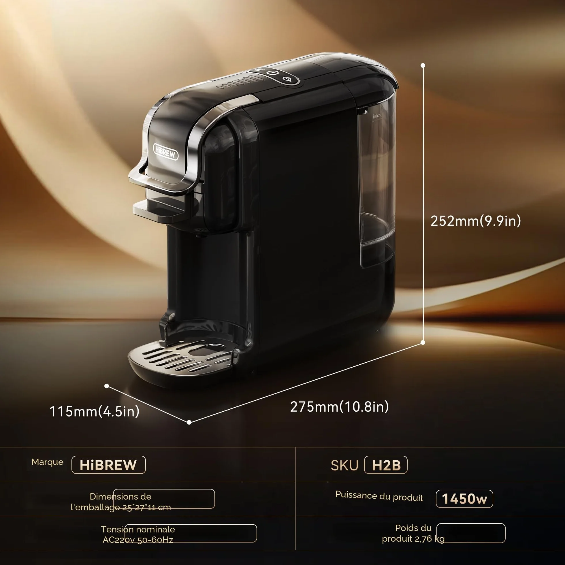 HIBREW H2B Machine à café pour expresso, boissons chaudes et froides, infusion froide, or chaud, 5 en 1, multi-capsules, poudre, moulue