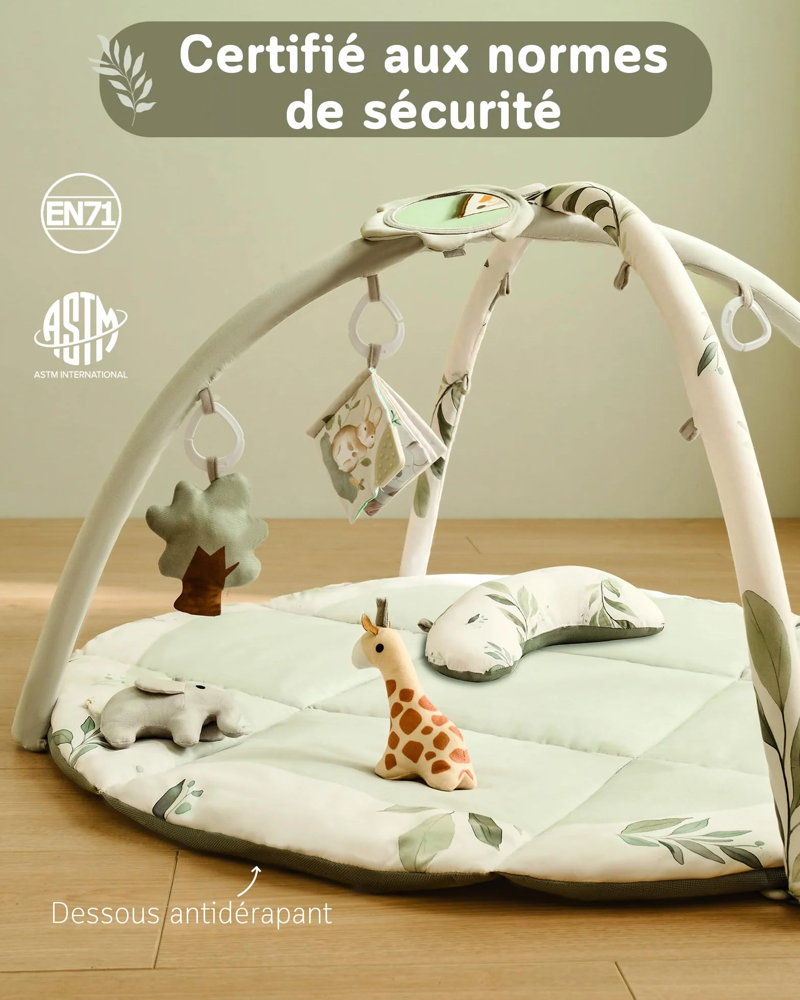 Tapis d'éveil Bébé avec Arche amovible et 5 Jouets d'activité, Thème Naturel, Fortella, Vert, pour Nouveau-né 0-12 Mois