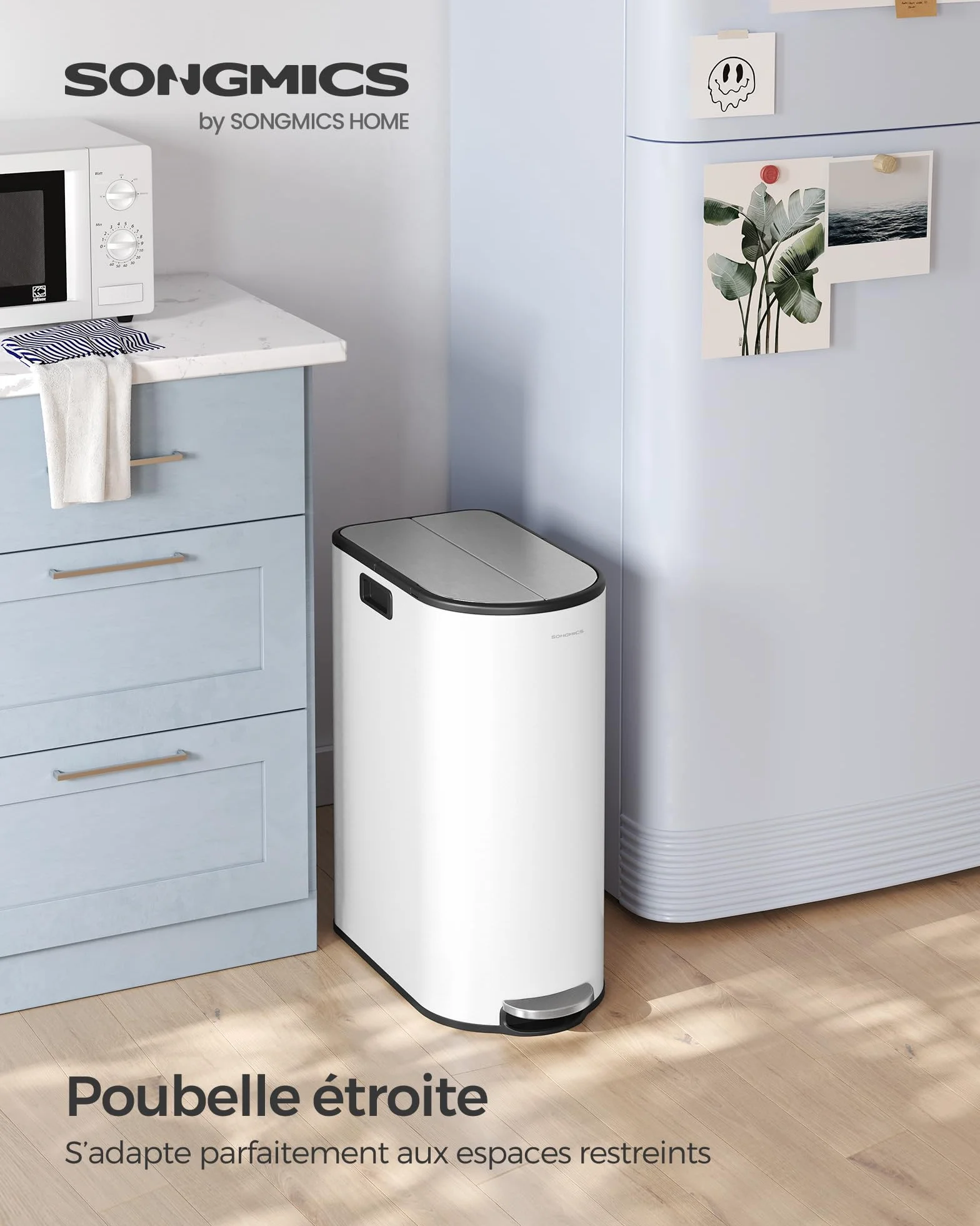 SONGMICS Poubelle Double 30L 20L 2 Compartiments Tri Recyclage Déchets Pédale Couvercles Ailes Blanc Nuage Argent Métallique LTB570W02