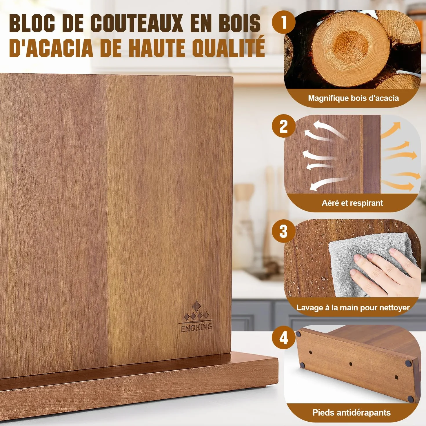 ENOKING Bloc à Couteaux Magnétique 38,6 x 23 cm Double Face Bois d'Acacia