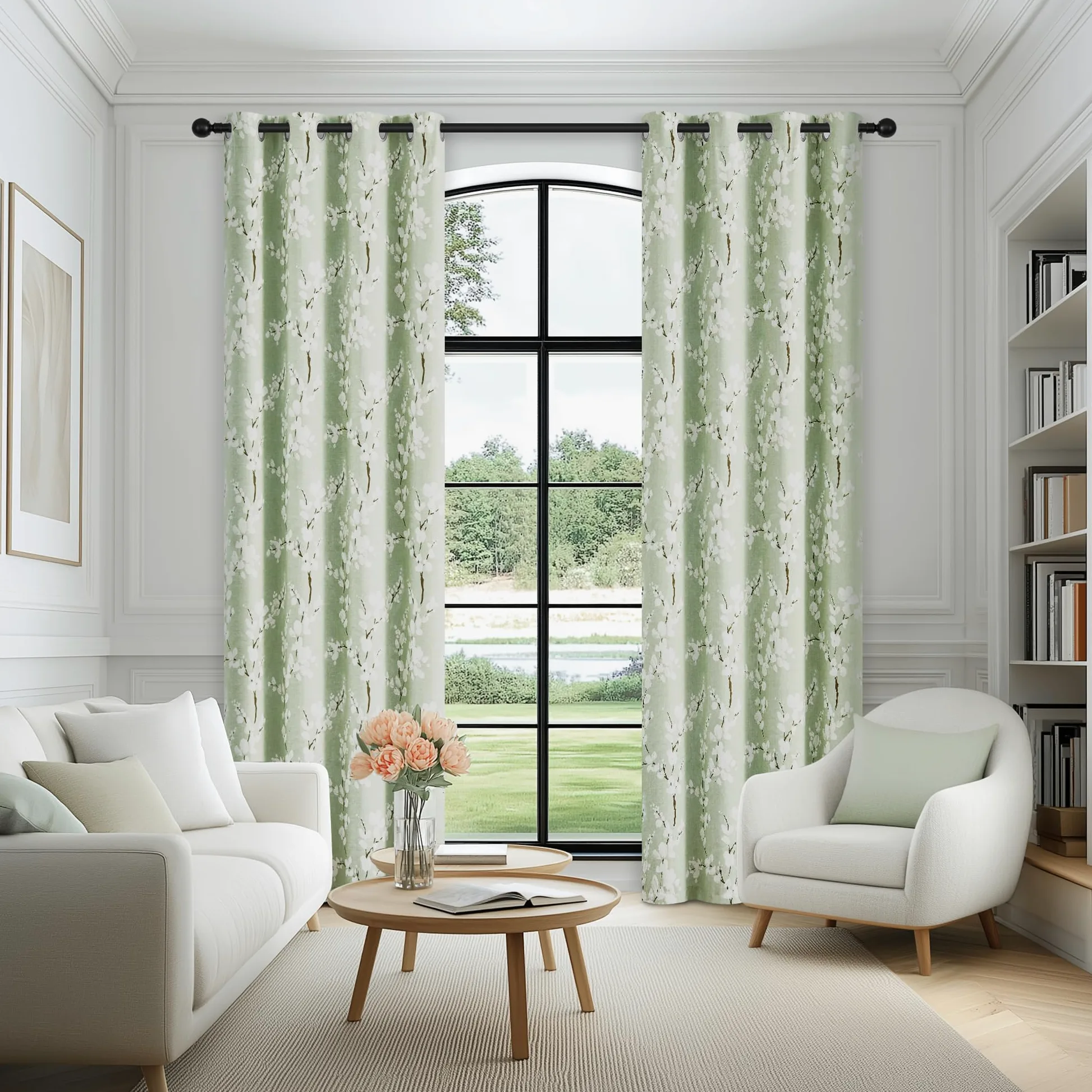 FMFUNCTEX Lot de 2 Rideaux 100% occultants à Motif Floral pour Chambre à Coucher, Vert Sauge, 213,4 cm de Long, pour Salon, Rideaux à Isolation Thermique avec œillets de Style Ferme, Blanc sur Vert
