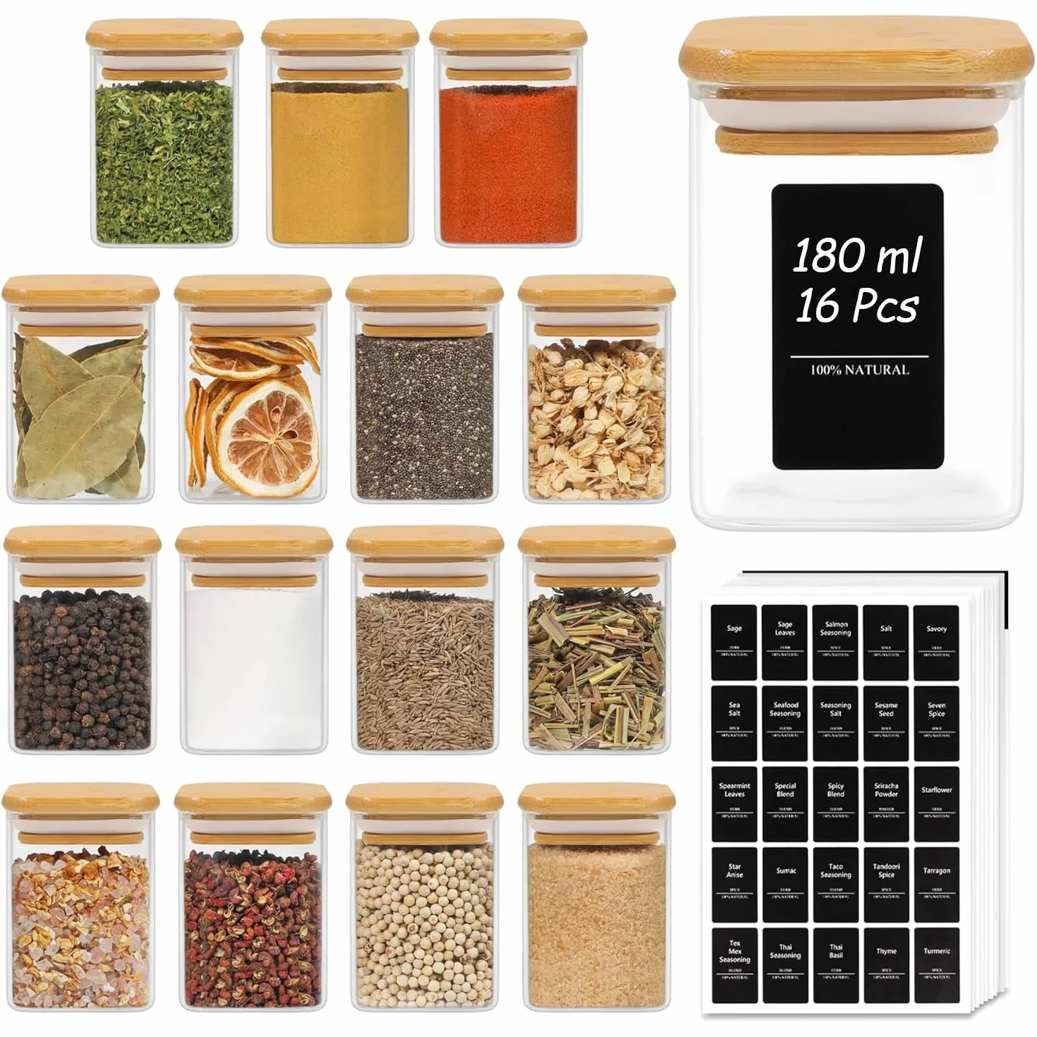 ComSaf Pots à Épices 180 Ml 16 Pièces, Bocaux en Verre Hermétiques avec Couvercle, Rangement Cuisine