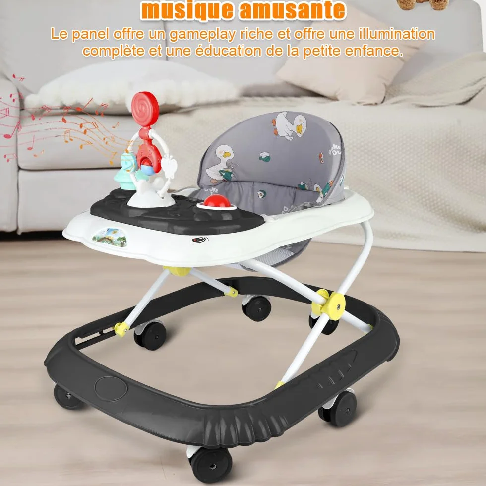 OHMG Trotteur Babywalker 5 en 1 Chariot d'éveil et de marche avec Fonction basculante Transat, Lumière, Musique, Table à manger Pliable
