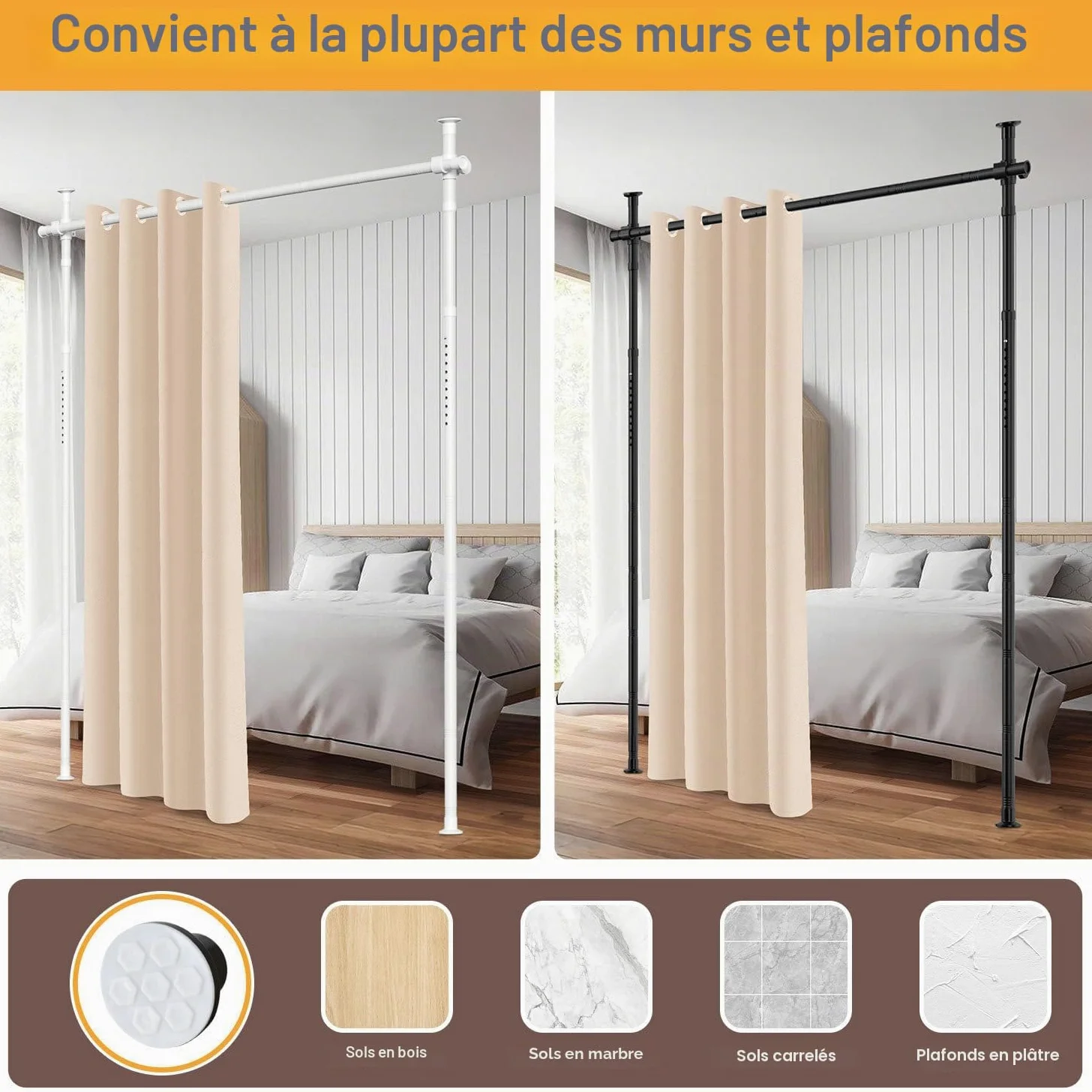 Paravent de séparation de pièce Jaxguom, tringle à rideaux, réglable de manière flexible sans perçage, L 70-177cm x H 122-305cm, paravent autoportant sans rideau, protection des regards pour salon