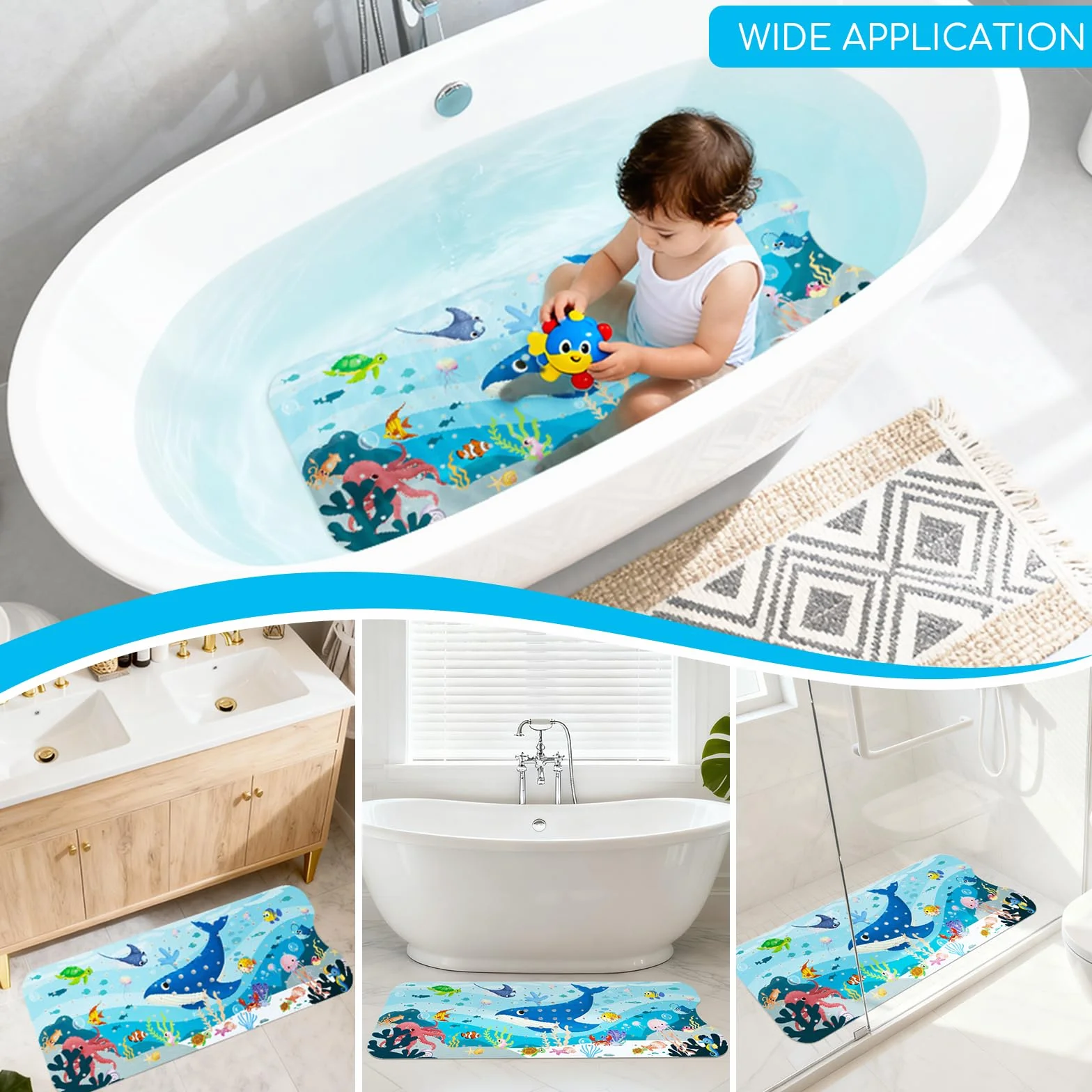 Tapis de Bain Antiderapant Baignoire Bebe 100x40 cm PVC sans BPA Lavable en Machine Baleine