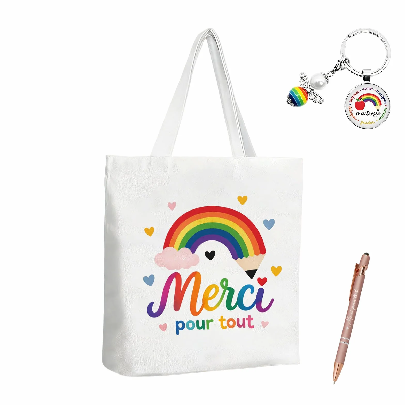 Cadeau Maitresse d'École Tote Bag Merci Porte-Clés Arc-En-Ciel Stylo Rose Tissu Résistant Design Coloré