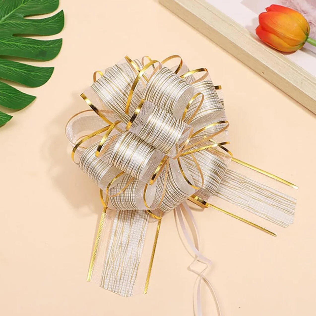 Grands Nœuds à Tirer pour Cadeau 16cm, Organza Nœuds Décoratifs pour Fêtes, Blanc