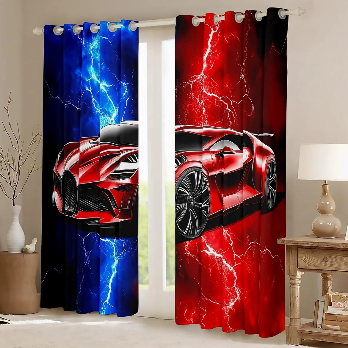 Homewish Rideau Occultant 30%-50% Voiture de Sport 117x137 cm, Rideau Enfant Garçon Voiture de Course, Rideau Voilage Éclairs, Voilage Fenetre Rouge et Bleu, pour Chambre/Salon Décoration de Fenêtre