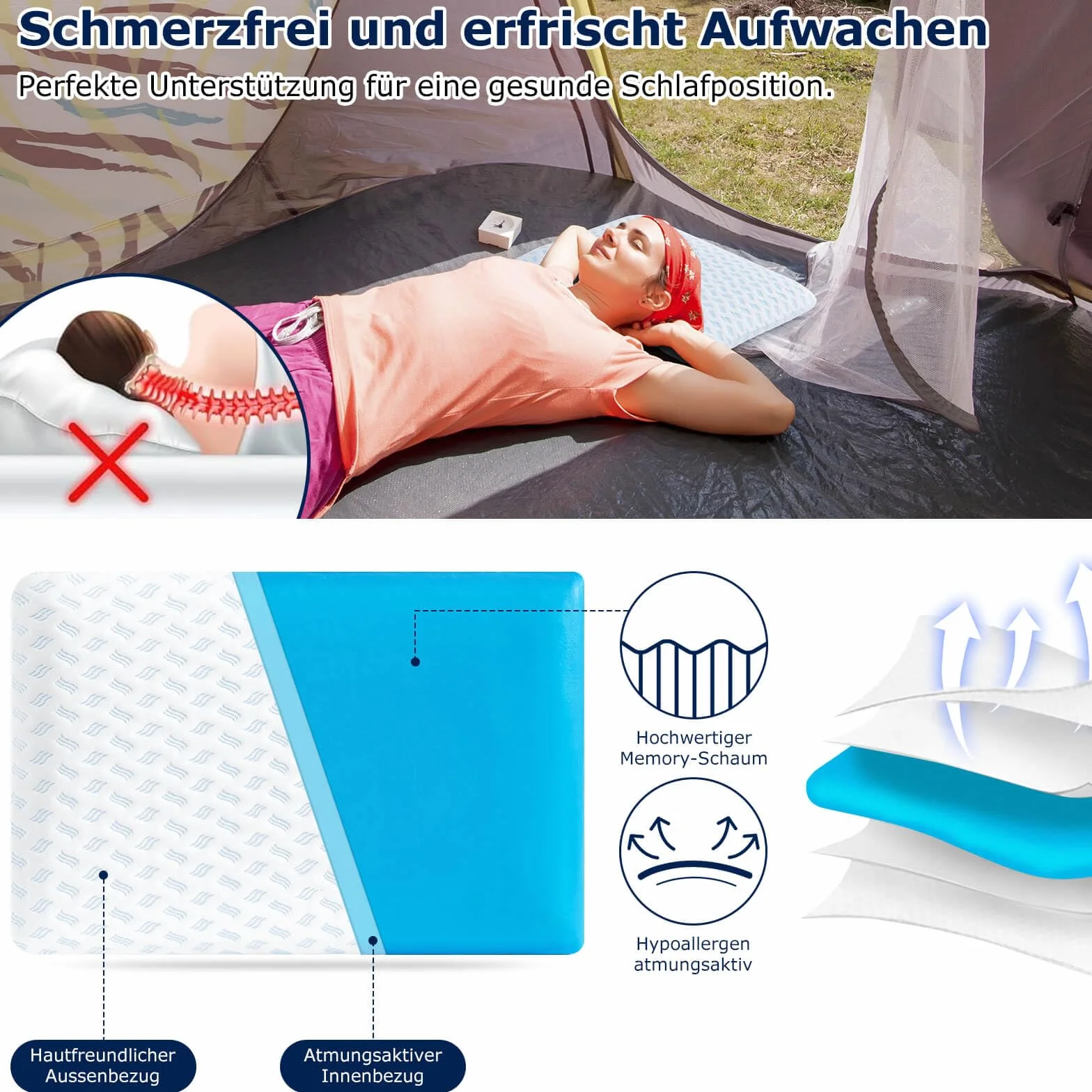 Oreiller en mousse à mémoire de forme, super fin, 40 x 60 x 7 cm, doux pour un sommeil réparateur, avec sac pour les voyages, le yoga, la méditation, avec housse lavable