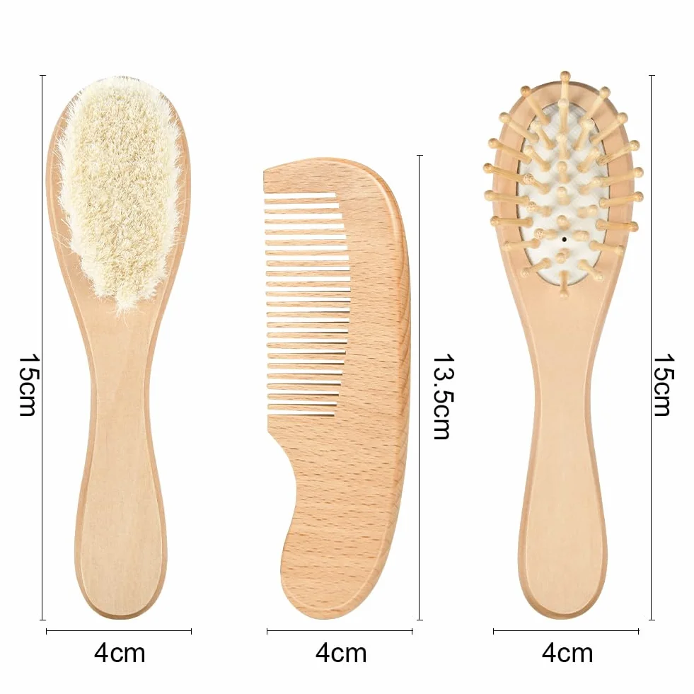Brosse Cheveux Bébé en Bois 3pcs Poils de Chèvre Doux pour Enfant Nouveau-né