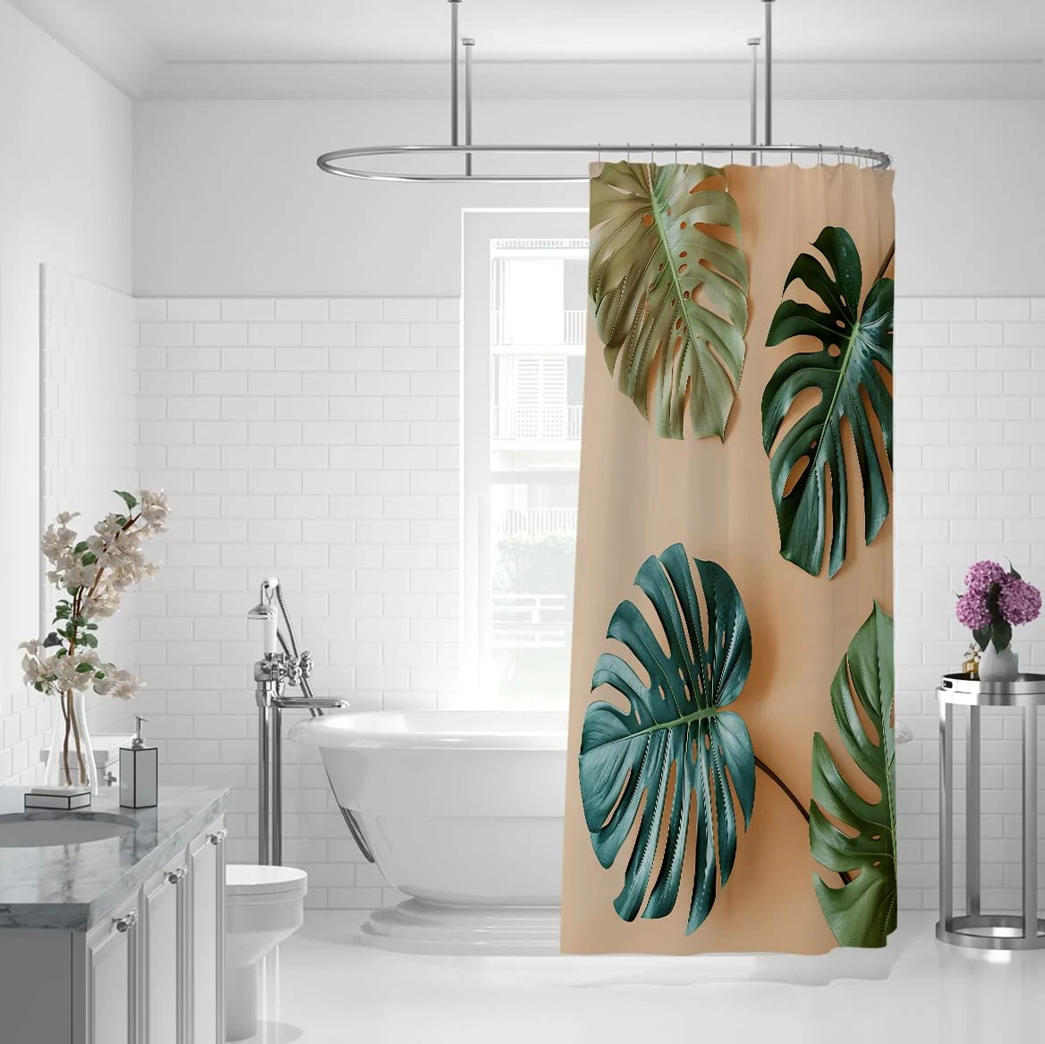 Rideau de douche à feuilles de monstera tropicales pour décoration de salle de bain, rideau de bain en tissu botanique feuilles de palmier vert style bohème, lavable avec crochets W200xL200 cm