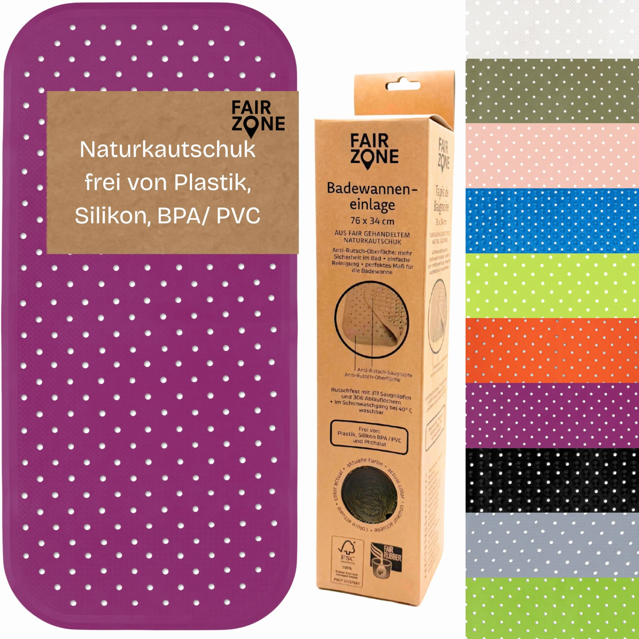 Tapis de baignoire antidérapant sans plastique FSC 76 x 34 cm Violet