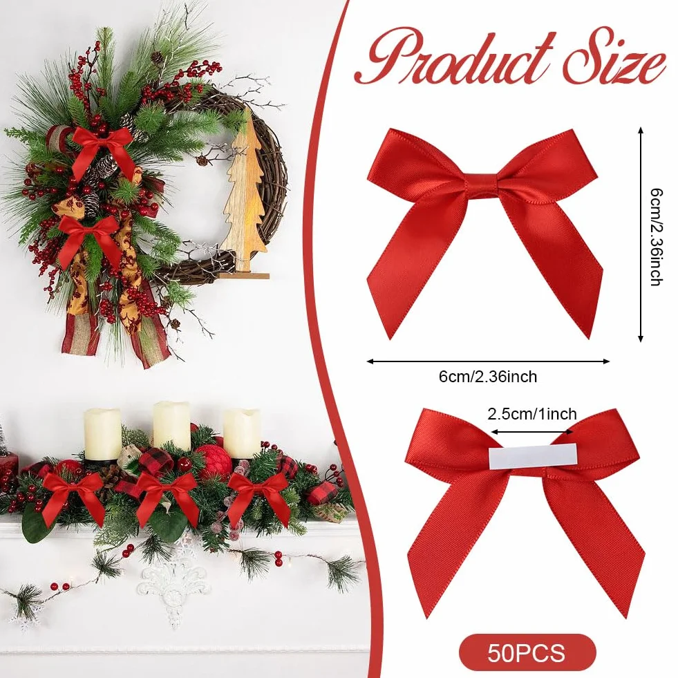 Lot de 50 nœuds en Satin 6 cm décoratifs Faits à la Main avec pastilles adhésives pour Noël, Emballage Cadeau