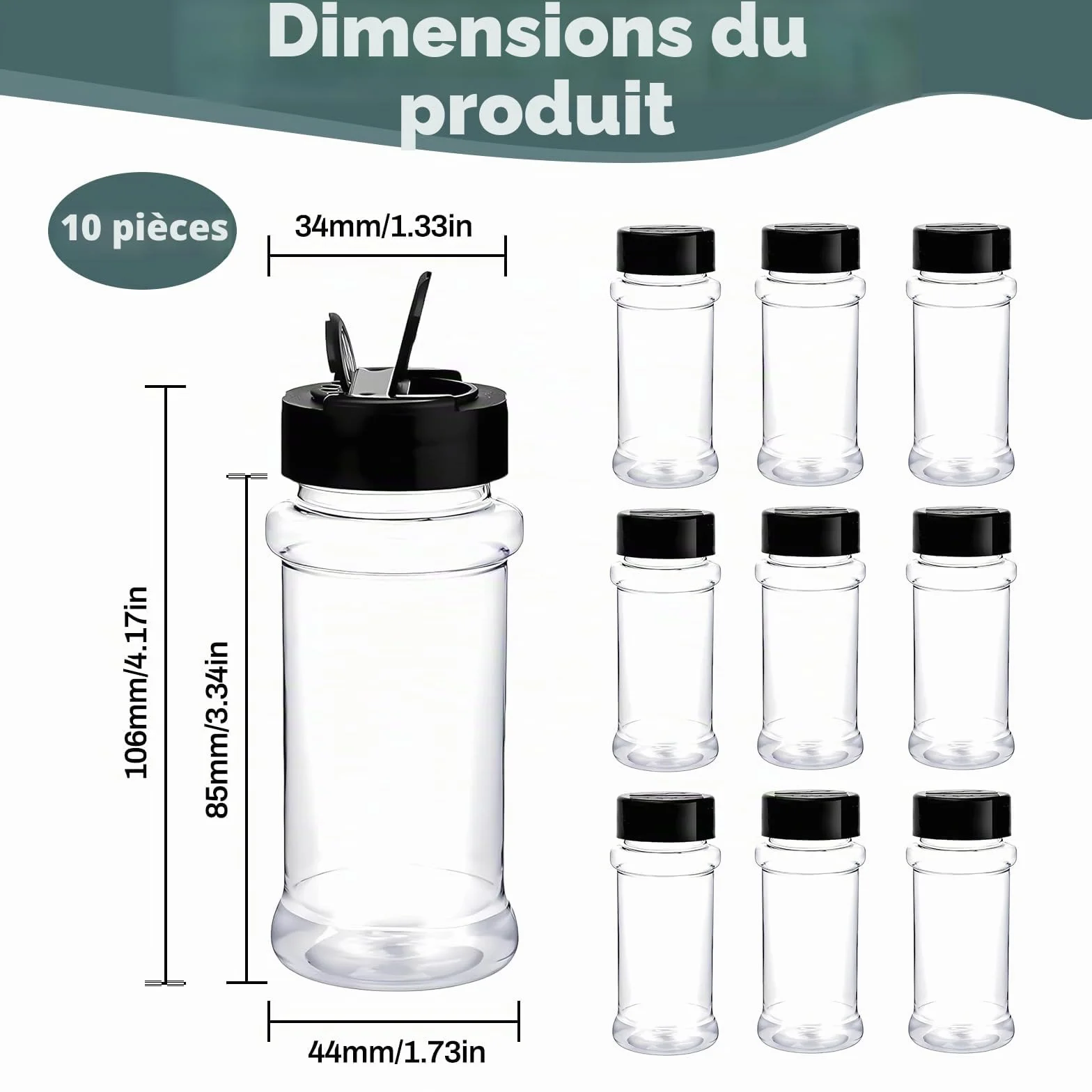 Pots à épices 100ml hermétiques en plastique lot de 10