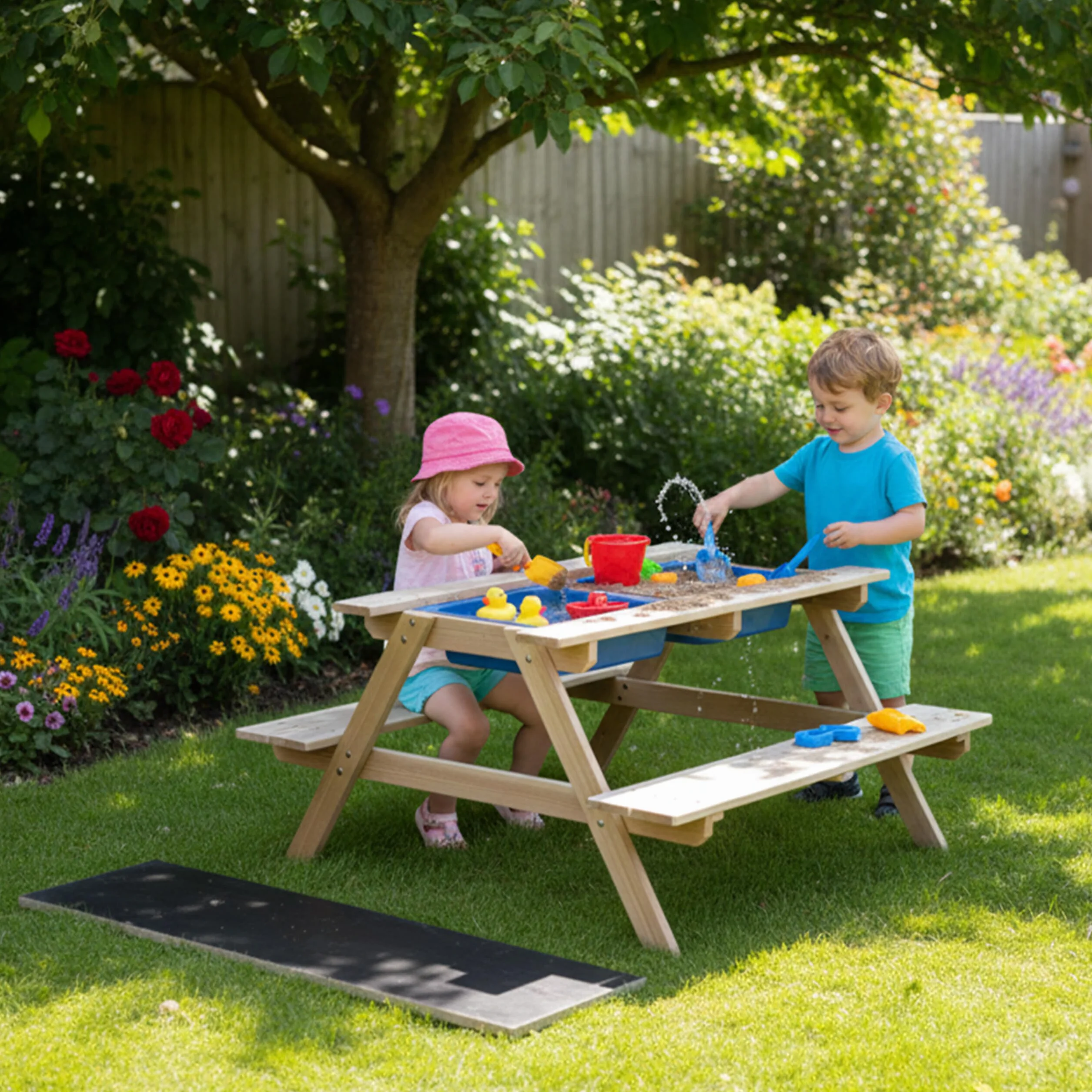 Relaxdays Table-bancs Enfants en Bois 3-en-1, Jeu, Cuisine, Pique-Nique, Ardoise, HxLxP 48,5×89×85 cm, Naturel