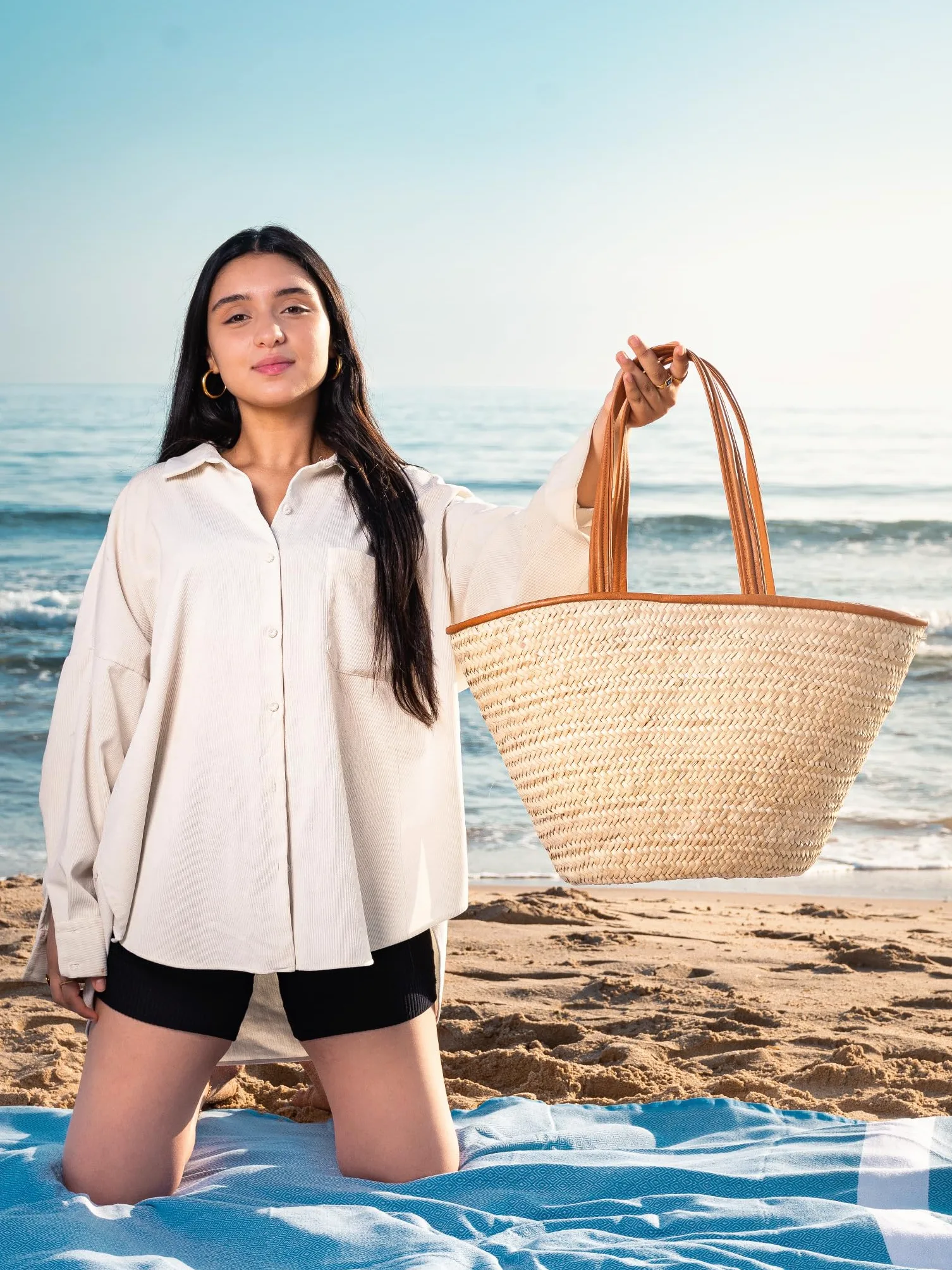 Sac de courses - En Osier Naturel - Avec Doublure et Poche - Finitions et Poignée en Cuir - Pratique, grande capacité et Multi-usage
