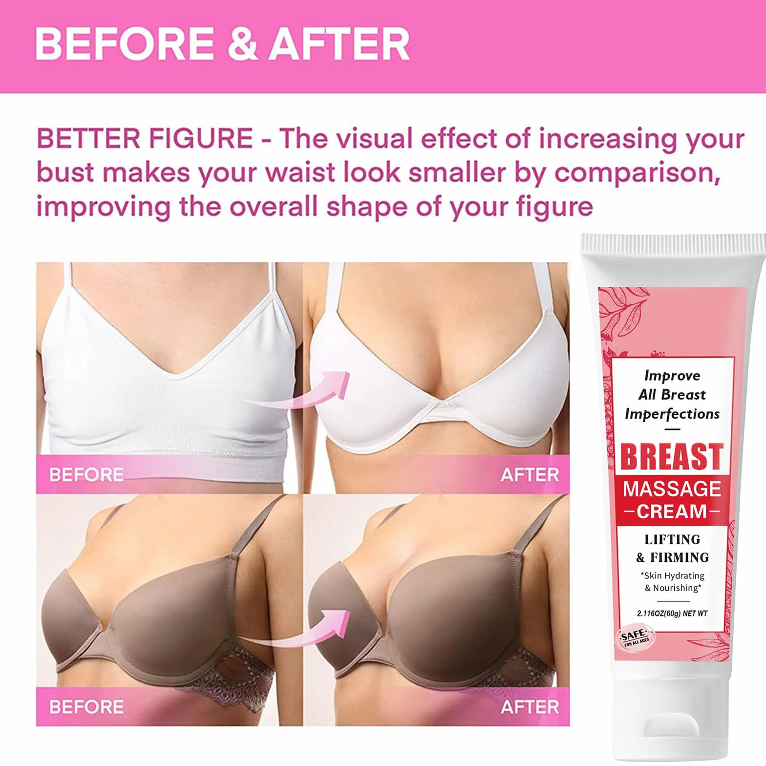 Crème d'amélioration de la Poitrine 60g, Crème Augmentante et Hydratante, Raffermissante Lifting Massage