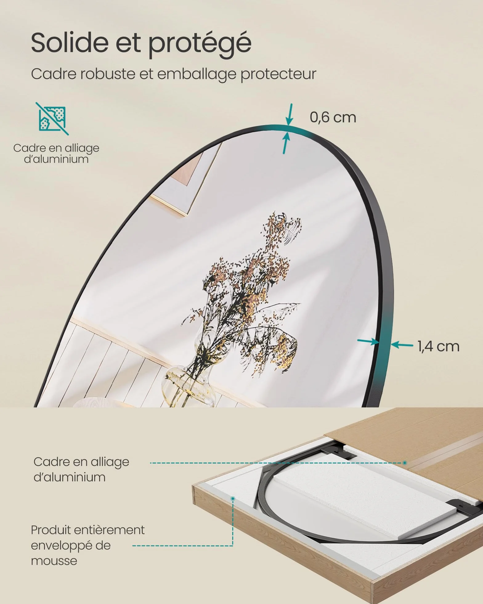 SONGMICS Miroir Intégral 160 x 50 cm Miroir Arqué sur Pied Cadre Alliage Aluminium Verre Trempé Noir