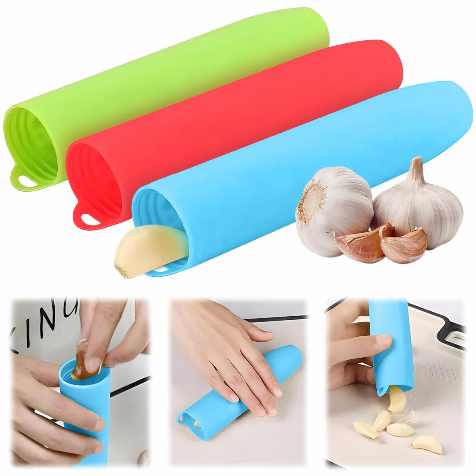Éplucheur d'ail en silicone lot de 3 sans BPA qualité alimentaire