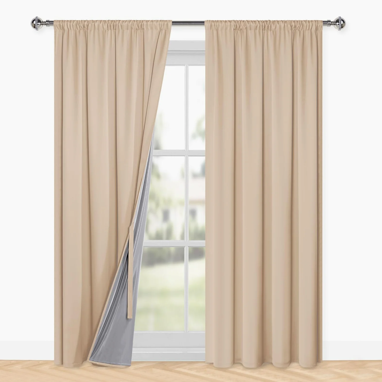 XWZO Lot de 2 rideaux 100 % opaques pour salon, avec galon fronceur, rideaux pour chambre à coucher, double épaisseur occultants, thermiques, protection contre le froid, 245 x 140 cm (H x l) - Crème