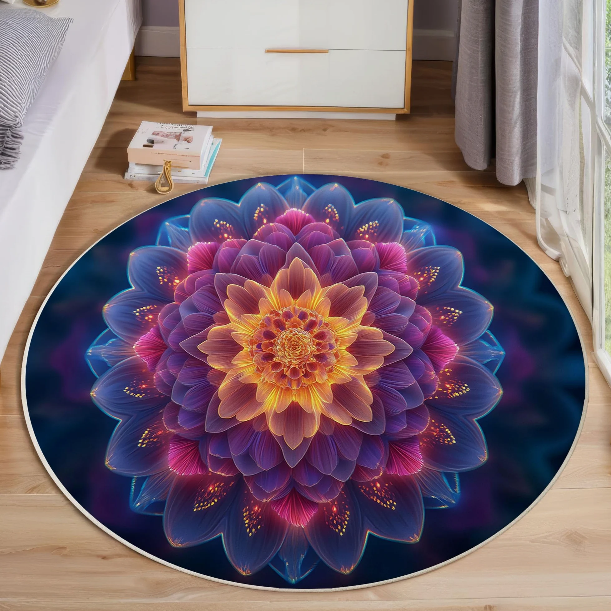 Tapis Rond 100cm, Microfibre Douce Tapis Circulaire Mandala, Moquette Salon Chambre, Imprimés Art Multicouche Pétales Antidérapant Lavable Moquette de Décoration, Bleu Violet