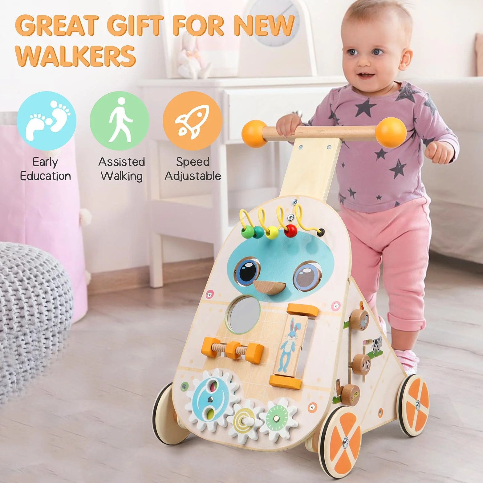 Jacootoys Activité Walker en Bois, Vitesse réglable Baby Push Walker pour garçons Filles 1 2 3 Ans