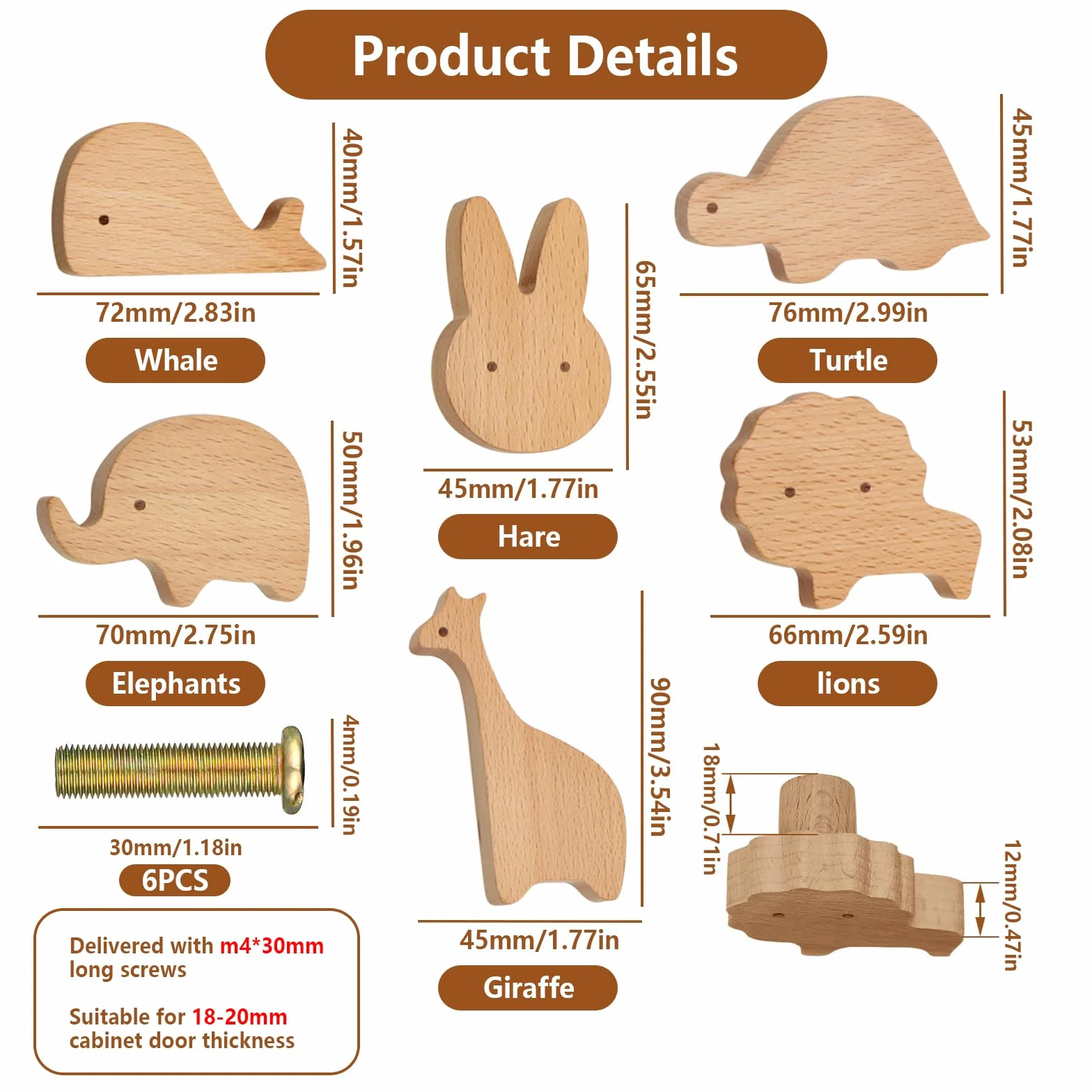 Boutons de Tiroir en Bois Massif, 6 Pièces Poignées de Meubles en Bois Pour Animaux, Boutons de Porte d'Armoire
