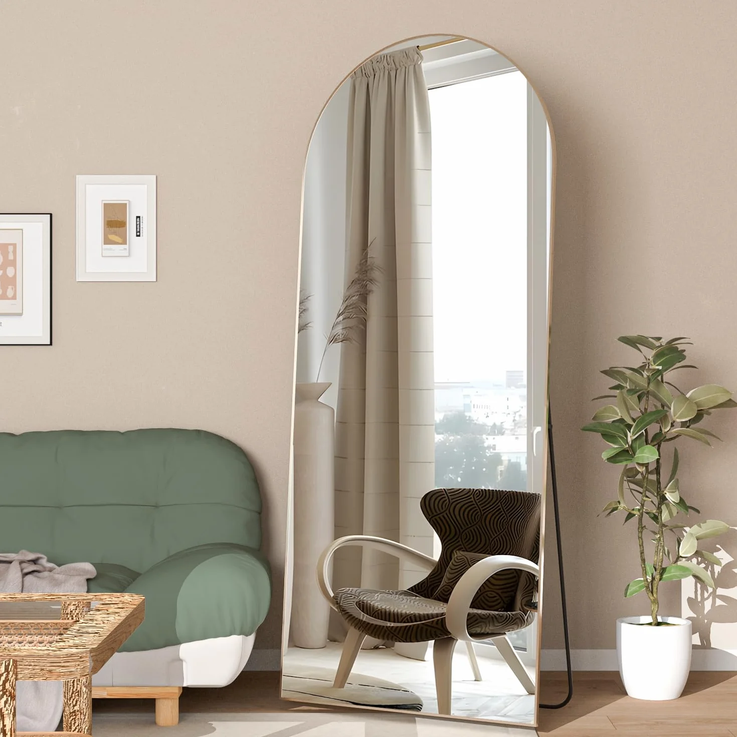 Miroir de Sol Arqué 165 x 60 cm Doré avec Support Mural pour Chambre, Entrée, Salon