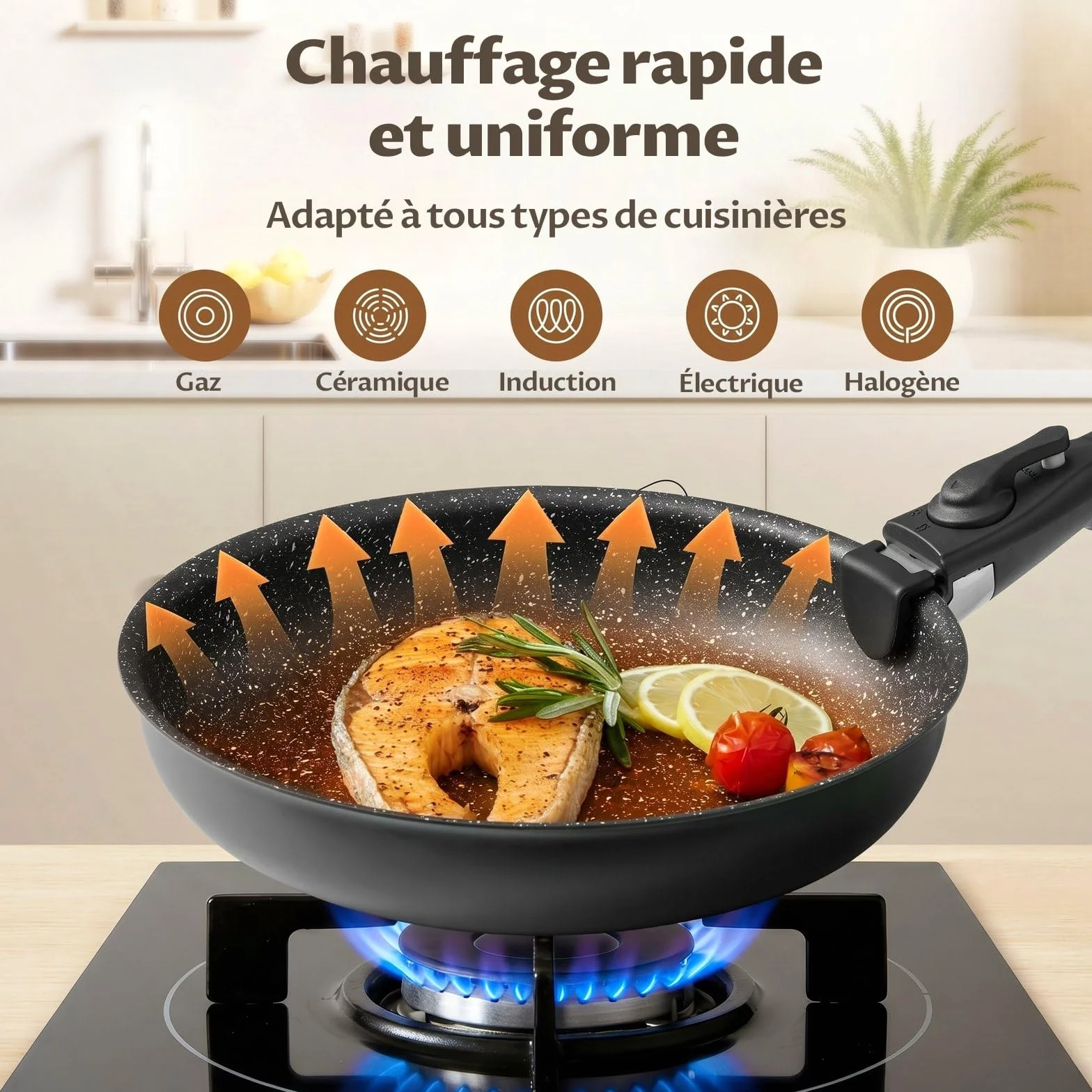 Lot de 3 Poêles avec Poignée Amovible 20/24/28 cm Anti-adhésif Induction Tous Feux Empilables