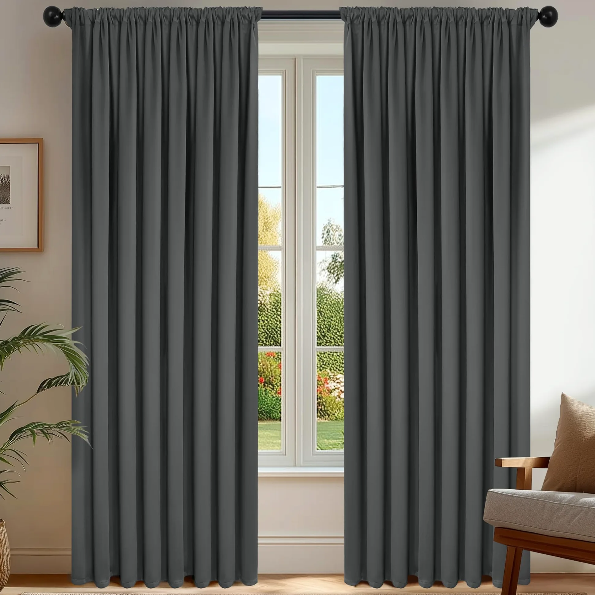 Deconovo Rideaux occultants, Opaques, avec Bandes froncées, Rideaux Thermiques 3 en 1, Chambre à Coucher, 2 Pièces140×300 CM (Largeur x Hauteur) Gris Foncé