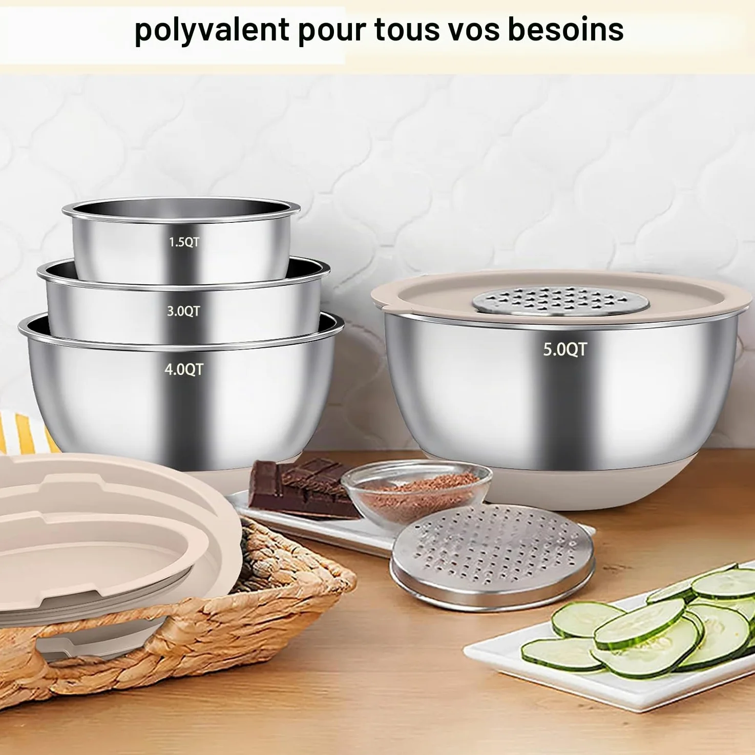 Terlulu Lot de 6 saladiers en acier inoxydable avec couvercle et fond en silicone, 3 embouts de râpe, 4,7 l/3,8 l/2,8 l/1,9 l/1,4 l/0,6 l, antidérapants et empilables, kaki