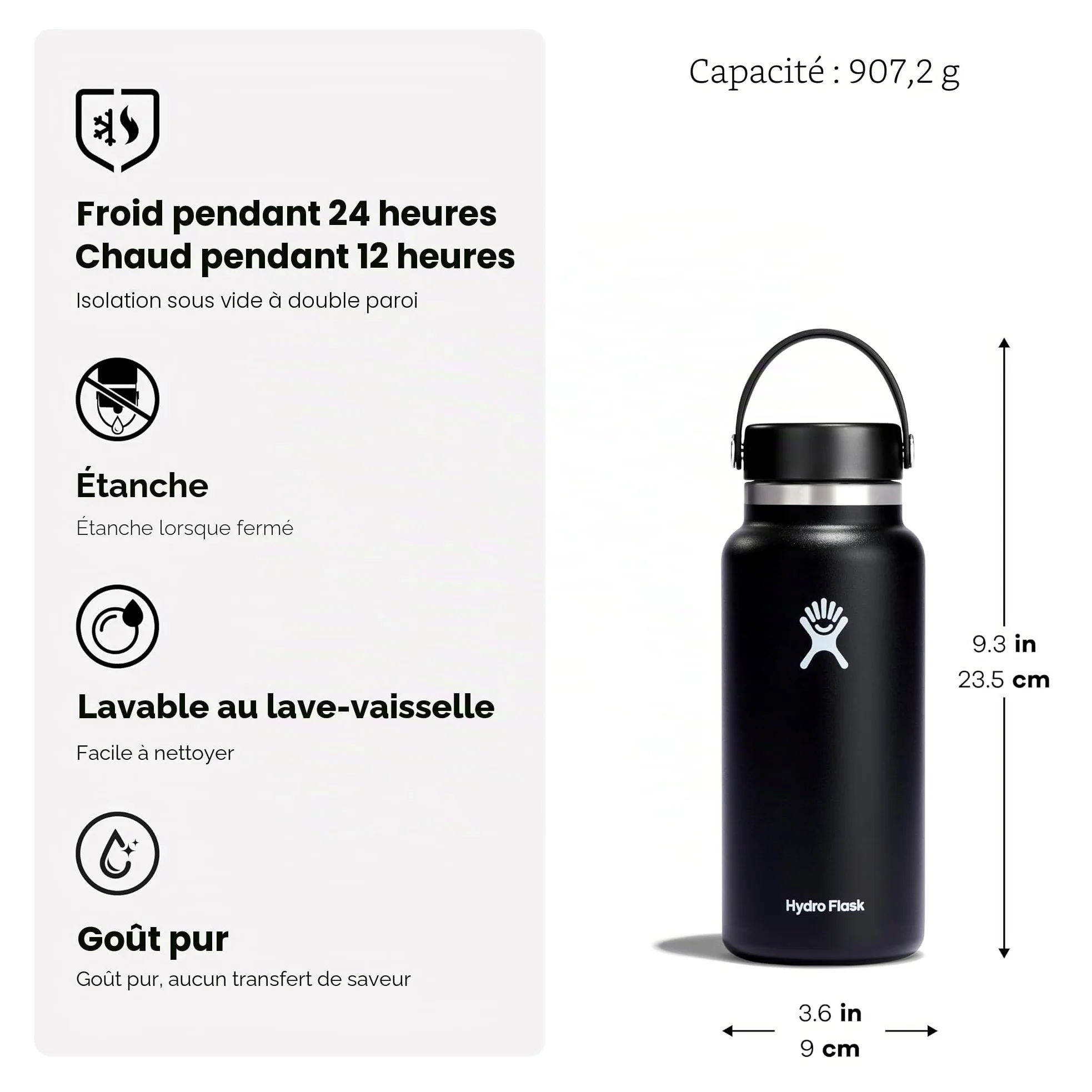 HYDRO FLASK - Gourde Isotherme 946 ml (32 oz) - Bouteille Inox à Isolation Sous Vide - Bouchon Antifuite et Revêtement par Poudre - Ouverture Large - Stone