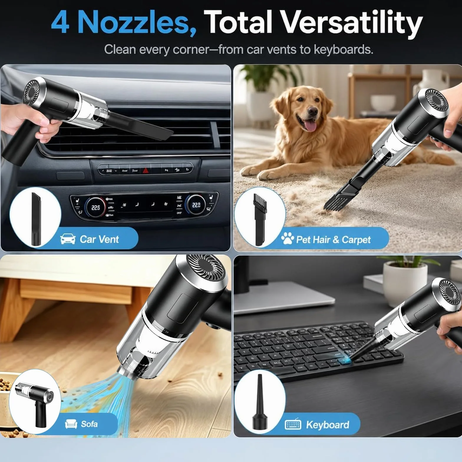 SCOVEE Aspirateur à Main Portable Rechargeable 22000PA 4-en-1 Mini Aspirateur de Voiture