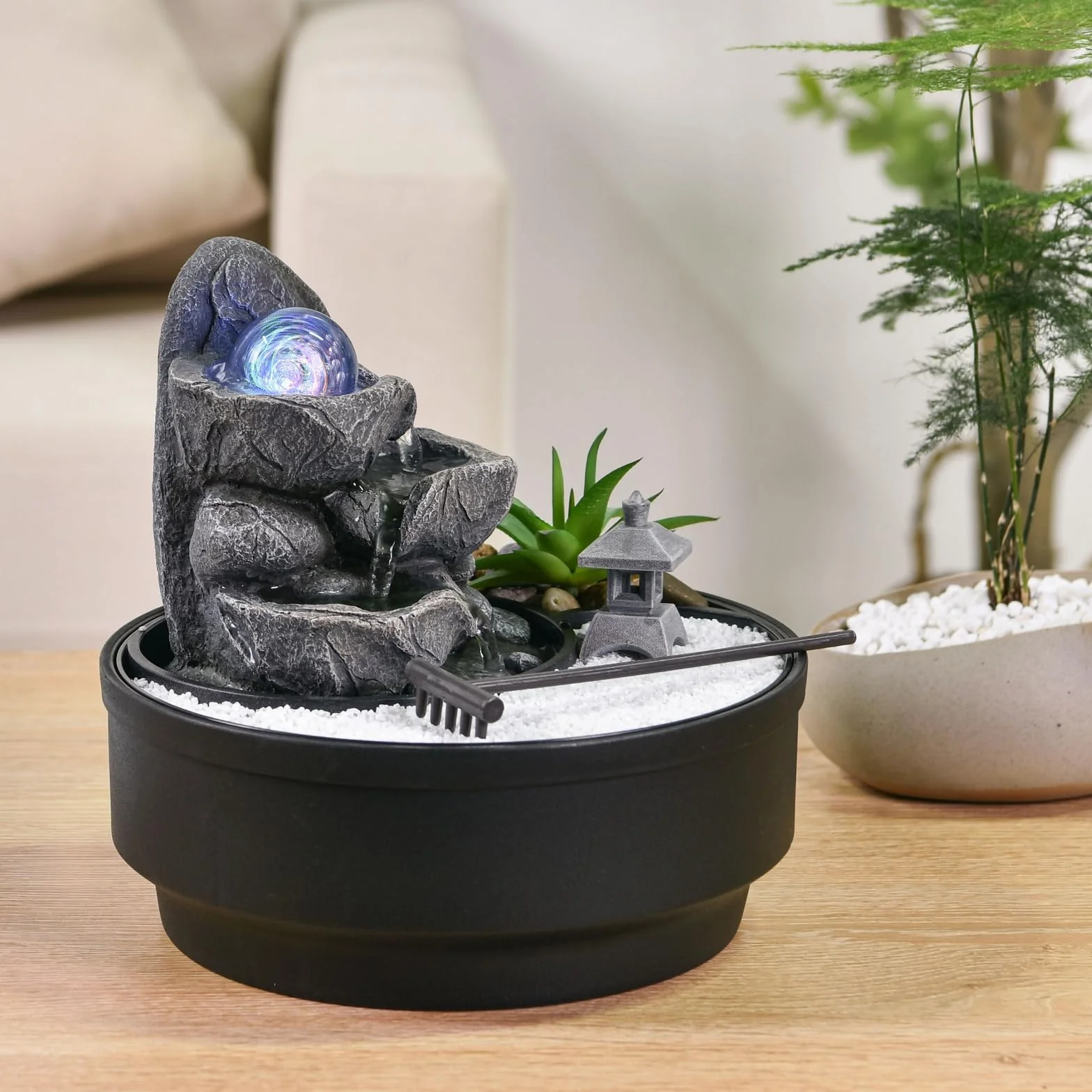 Fontaine d'Intérieur Jardin Zen, Boule de Verre Lumineuse LED Coloré, Circuit Fermé H21 cm