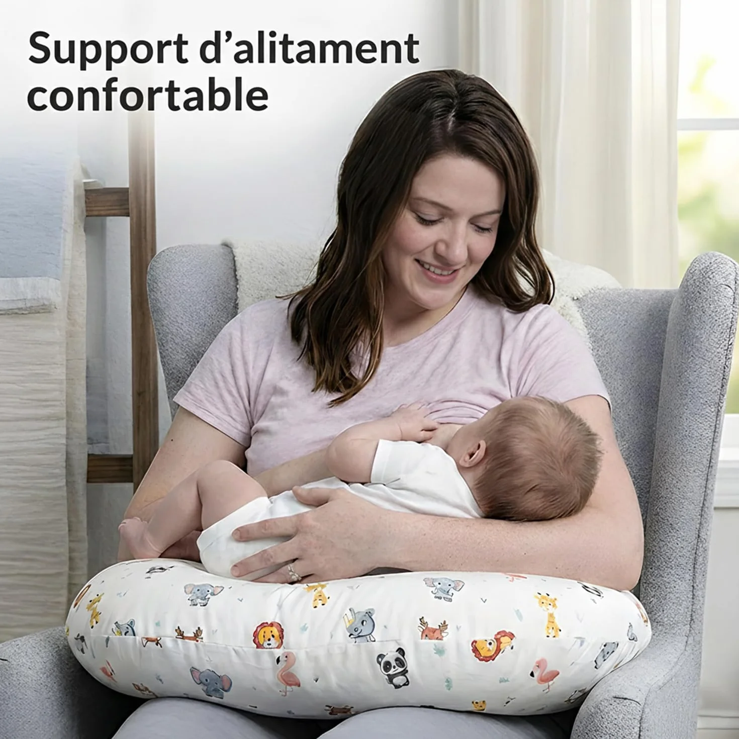 LivinEase Coussin d'allaitement 100% coton certifié OEKO-TEX housse lavable Jungle