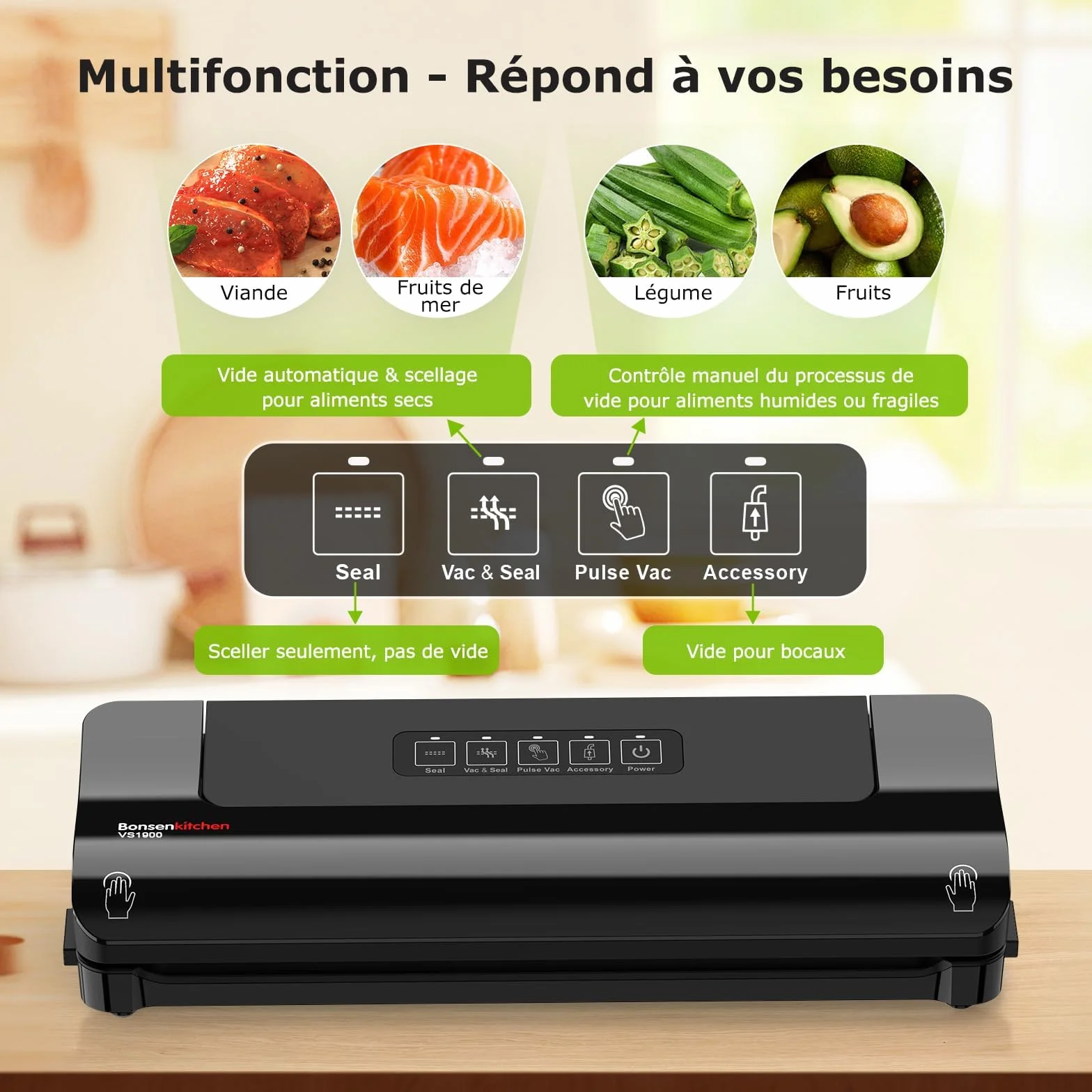 Machine sous vide alimentaire Bonsenkitchen compacte multifonction 4 modes 5 sacs tuyau aspiration